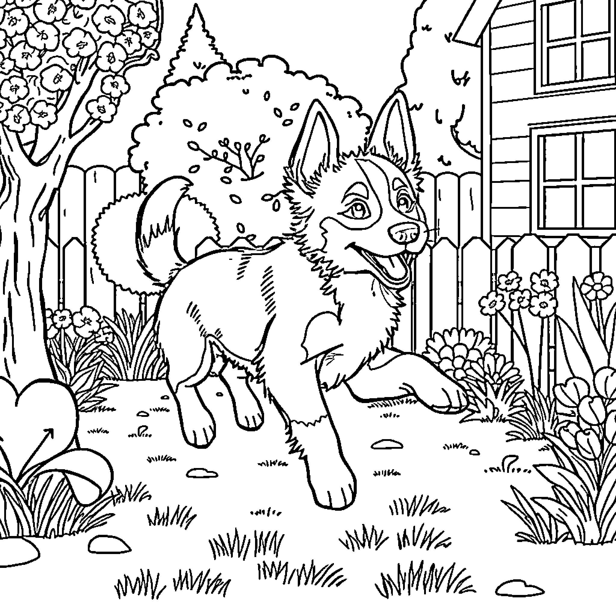 Bluey exploring the enchanting forest Coloring Page (free black-and-white line drawing printable PDF for all, from beginners to advanced learners, including children, teens, adults, and seniors)