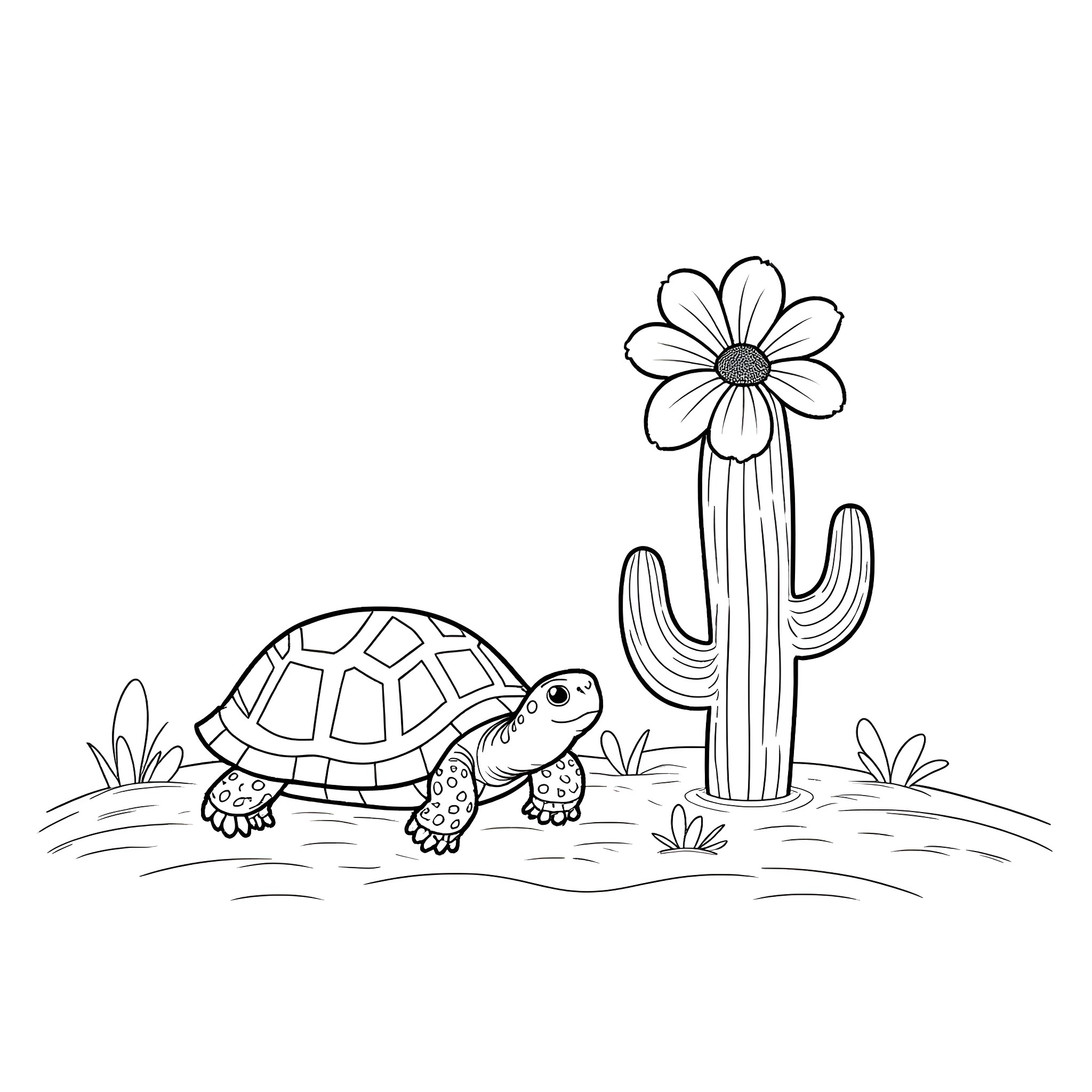 Turtle with flower in the desert landscape Coloring Page (free black-and-white line drawing printable PDF for all, from beginners to advanced learners, including children, teens, adults, and seniors)