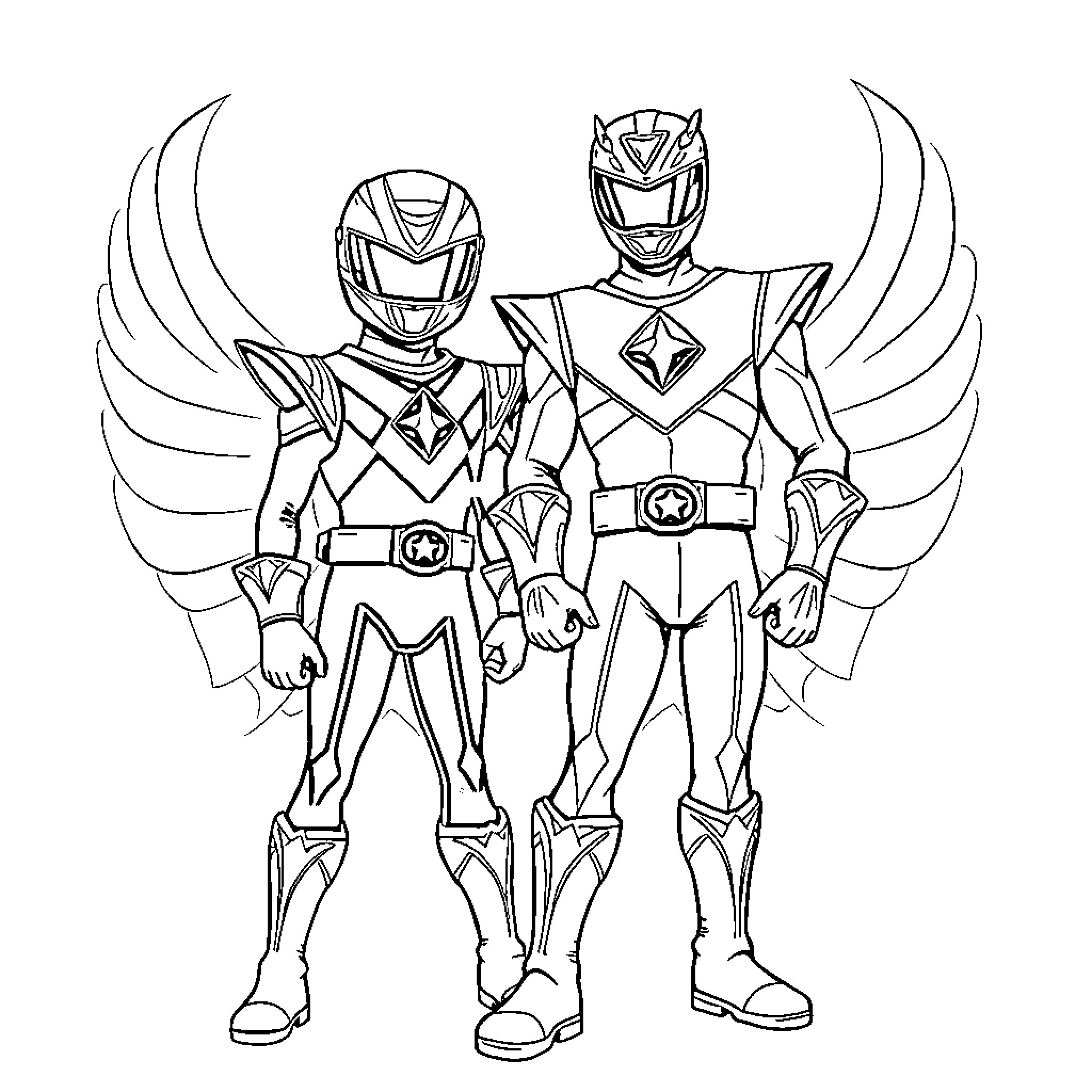 Power Rangers in Heroic Poses Coloring Page (free black-and-white line drawing printable PDF for all, from beginners to advanced learners, including children, teens, adults, and seniors)