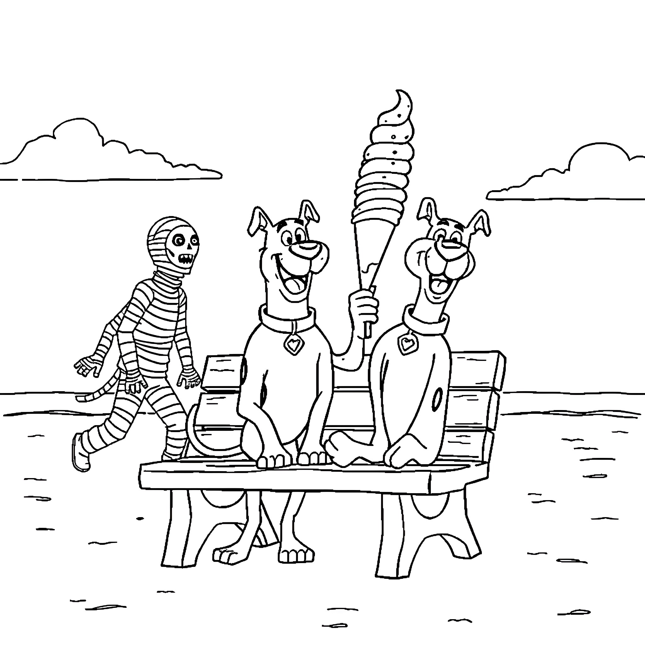 Scooby Doo and friends having a fun picnic Coloring Page (free black-and-white line drawing printable PDF for all, from beginners to advanced learners, including children, teens, adults, and seniors)