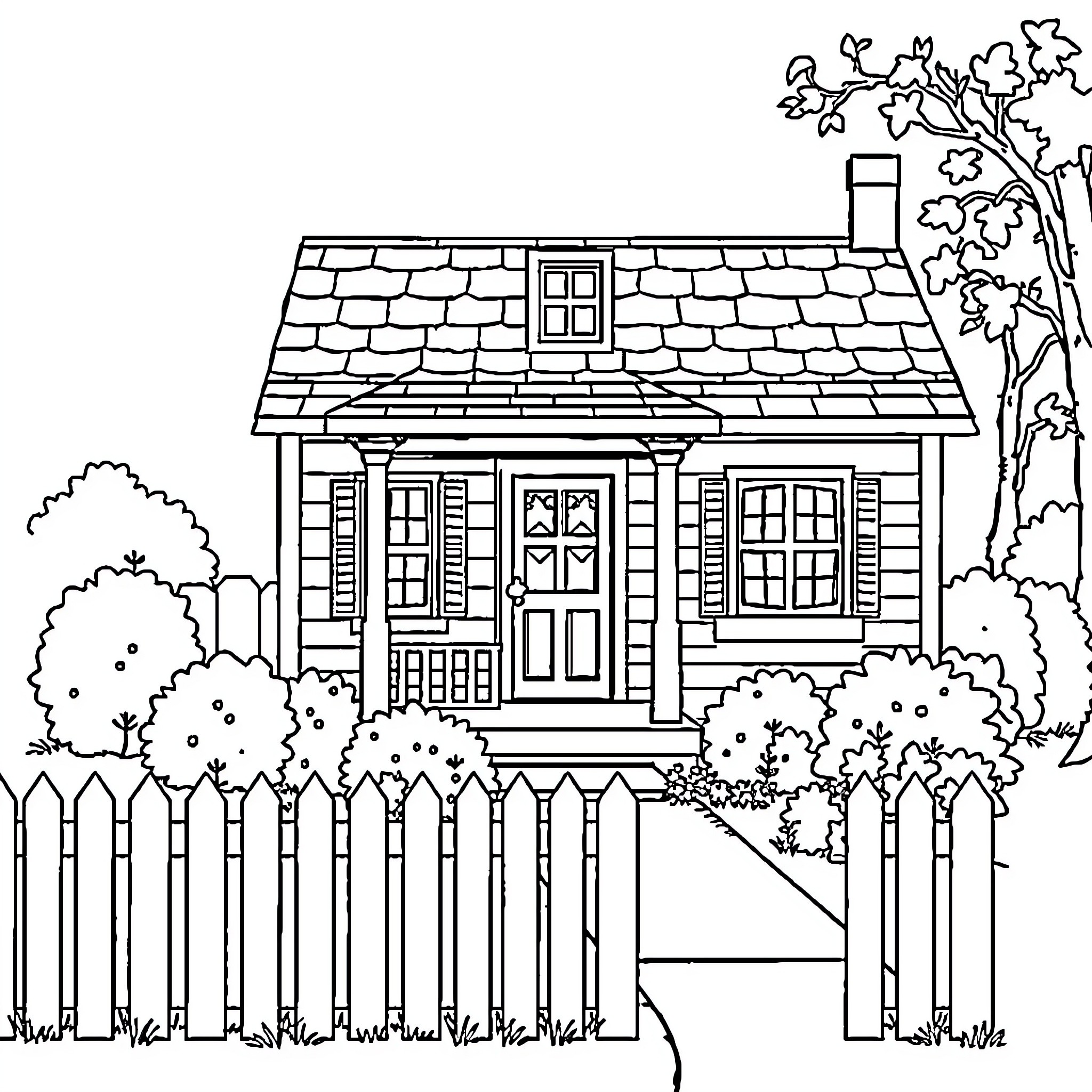 House with Quaint Cabin-Style Exterior Coloring Page (free black-and-white line drawing printable PDF for all, from beginners to advanced learners, including children, teens, adults, and seniors)