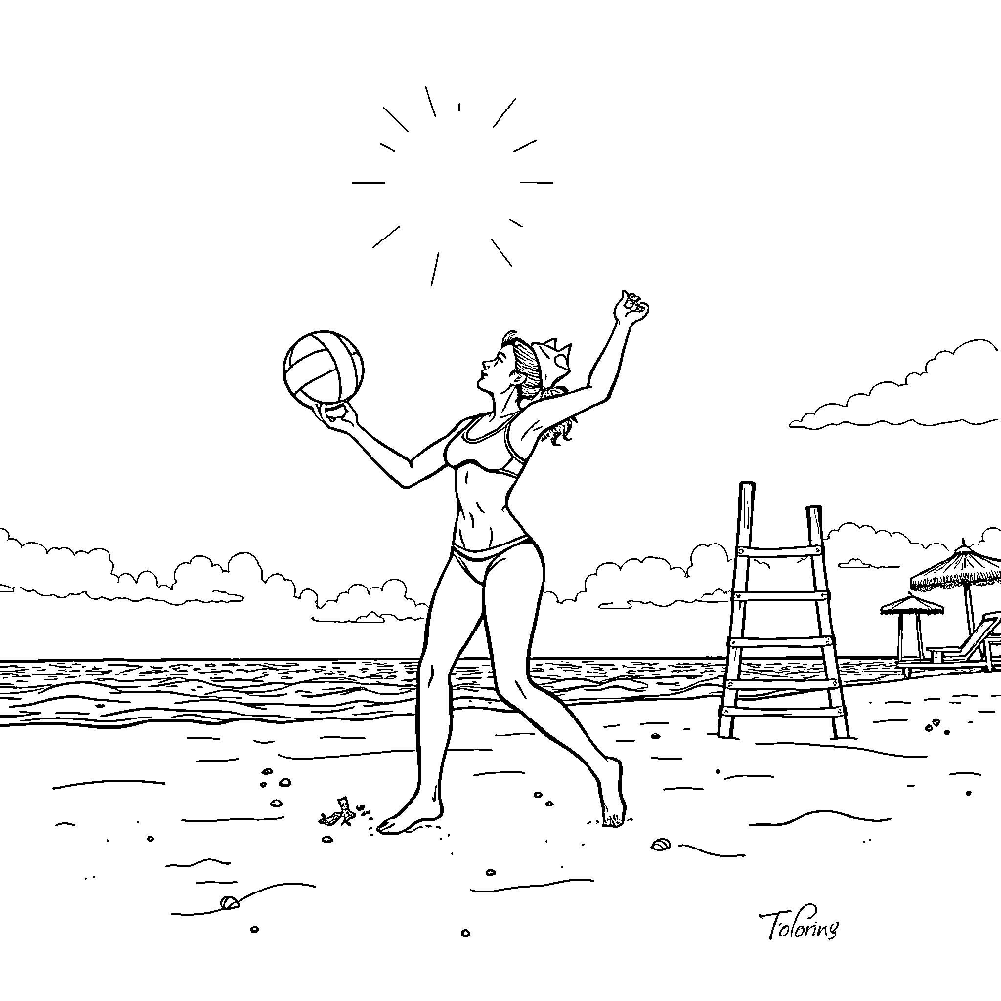 Lifeguard triumphantly raises volleyball on the beach Coloring Page (free black-and-white line drawing printable PDF for all, from beginners to advanced learners, including children, teens, adults, and seniors)