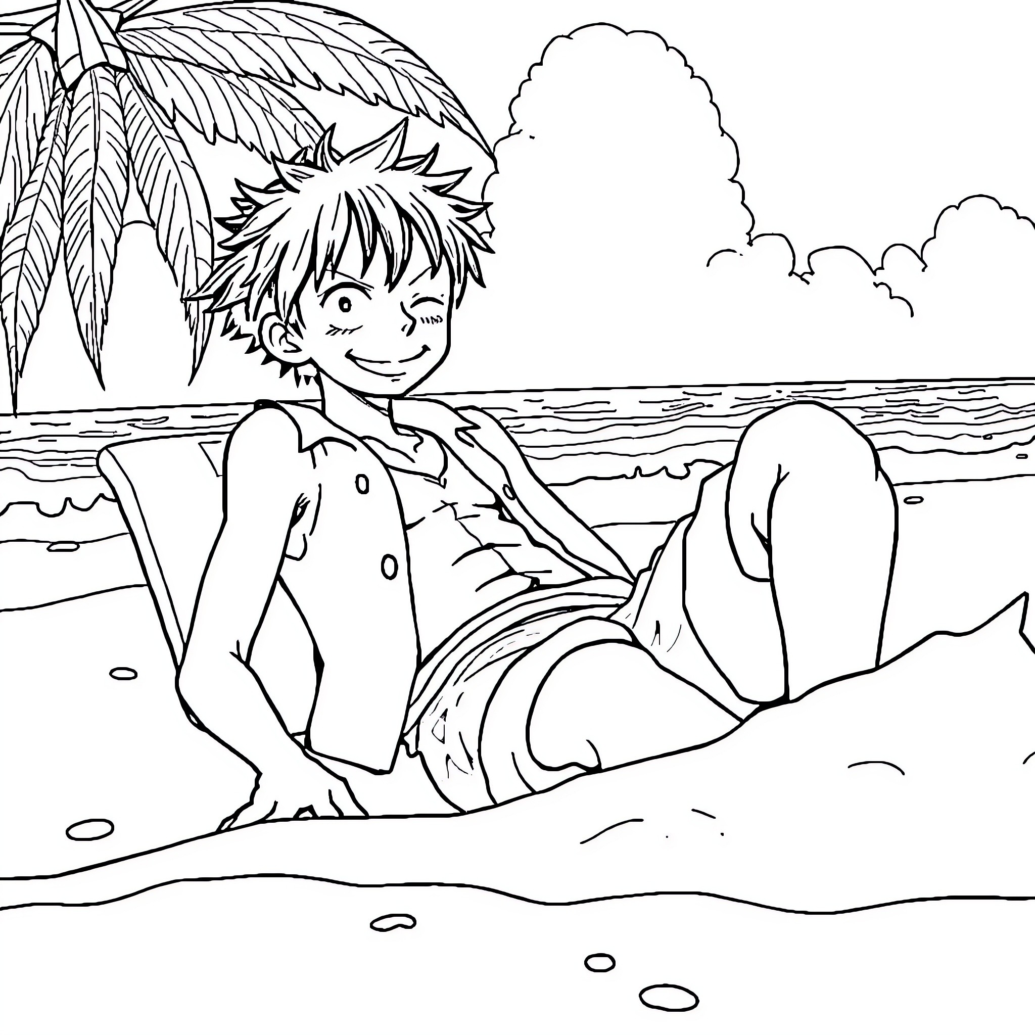 Luffy relaxing cheerfully on the beach Coloring Page (free black-and-white line drawing printable PDF for all, from beginners to advanced learners, including children, teens, adults, and seniors)