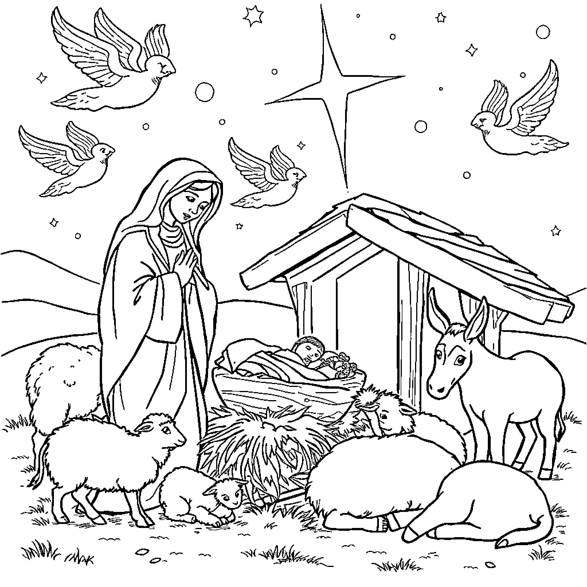 Manger scene with nativity figures and animals Coloring Page (free black-and-white line drawing printable PDF for all, from beginners to advanced learners, including children, teens, adults, and seniors)