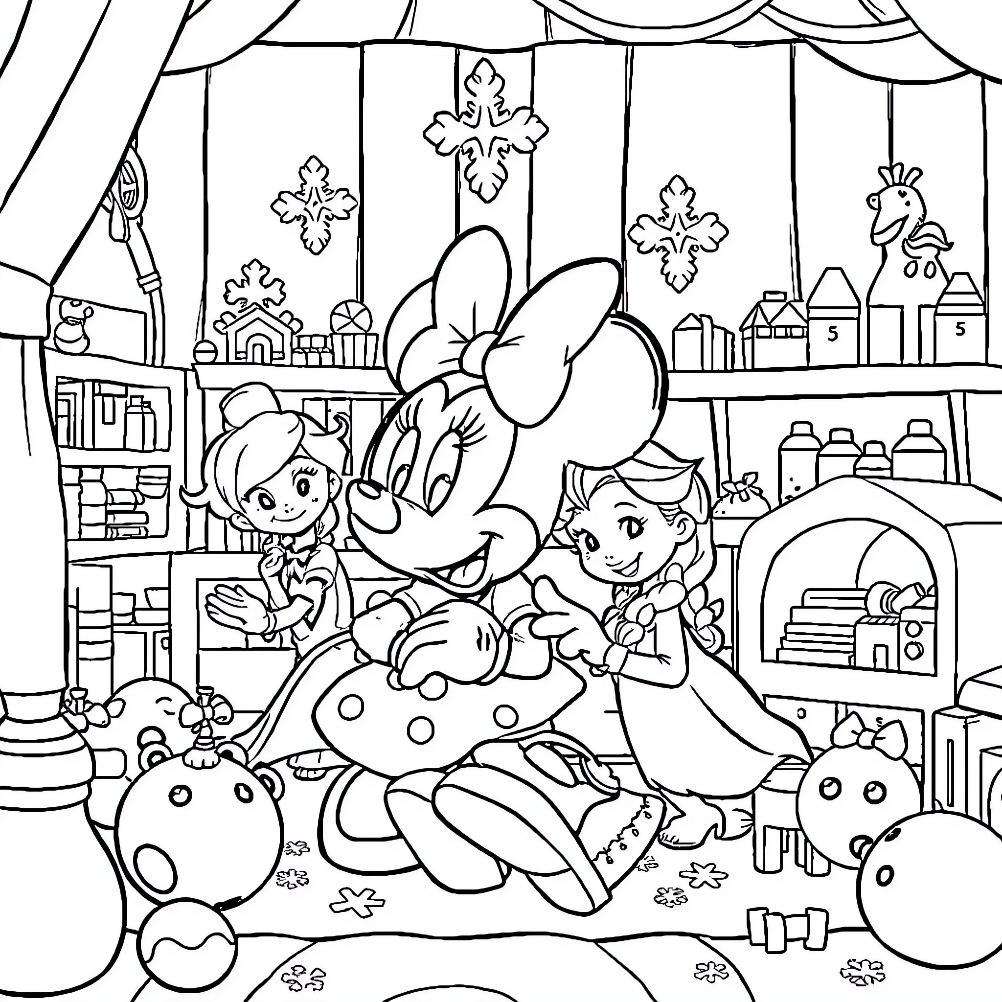 Minnie and friends explore a magical workshop Coloring Page (free black-and-white line drawing printable PDF for all, from beginners to advanced learners, including children, teens, adults, and seniors)