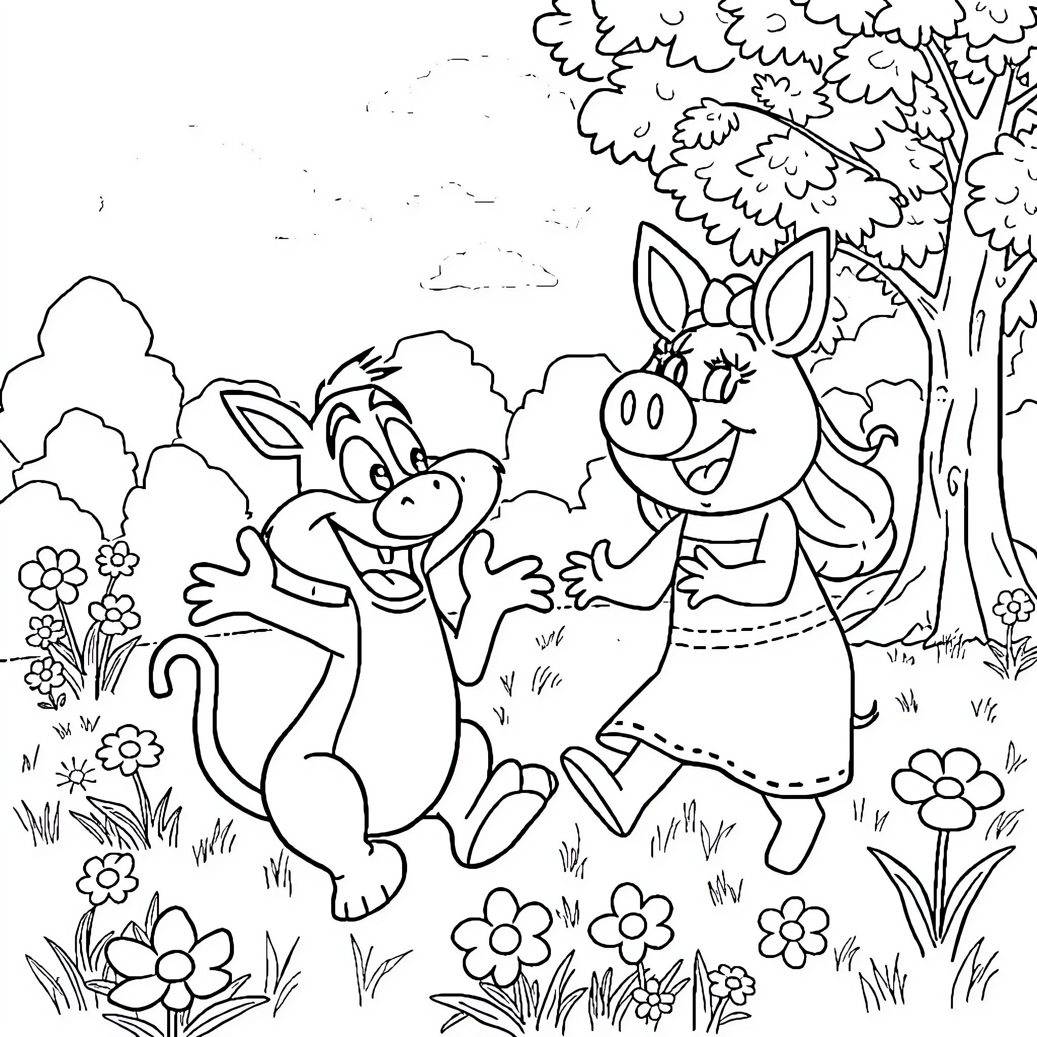 Taz the Cartoon Characters Playing in the Meadow Coloring Page (free black-and-white line drawing printable PDF for all, from beginners to advanced learners, including children, teens, adults, and seniors)