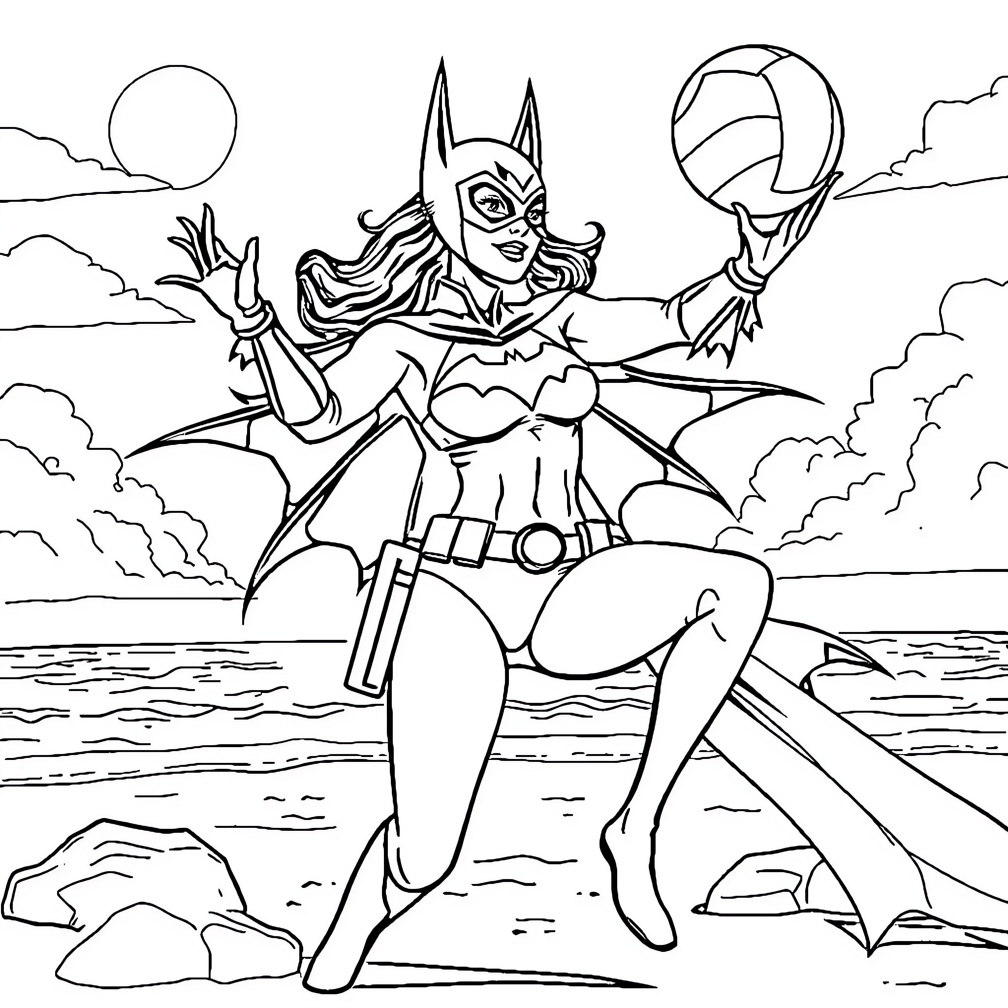 Batwoman in heroic action on the beach Coloring Page (free black-and-white line drawing printable PDF for all, from beginners to advanced learners, including children, teens, adults, and seniors)