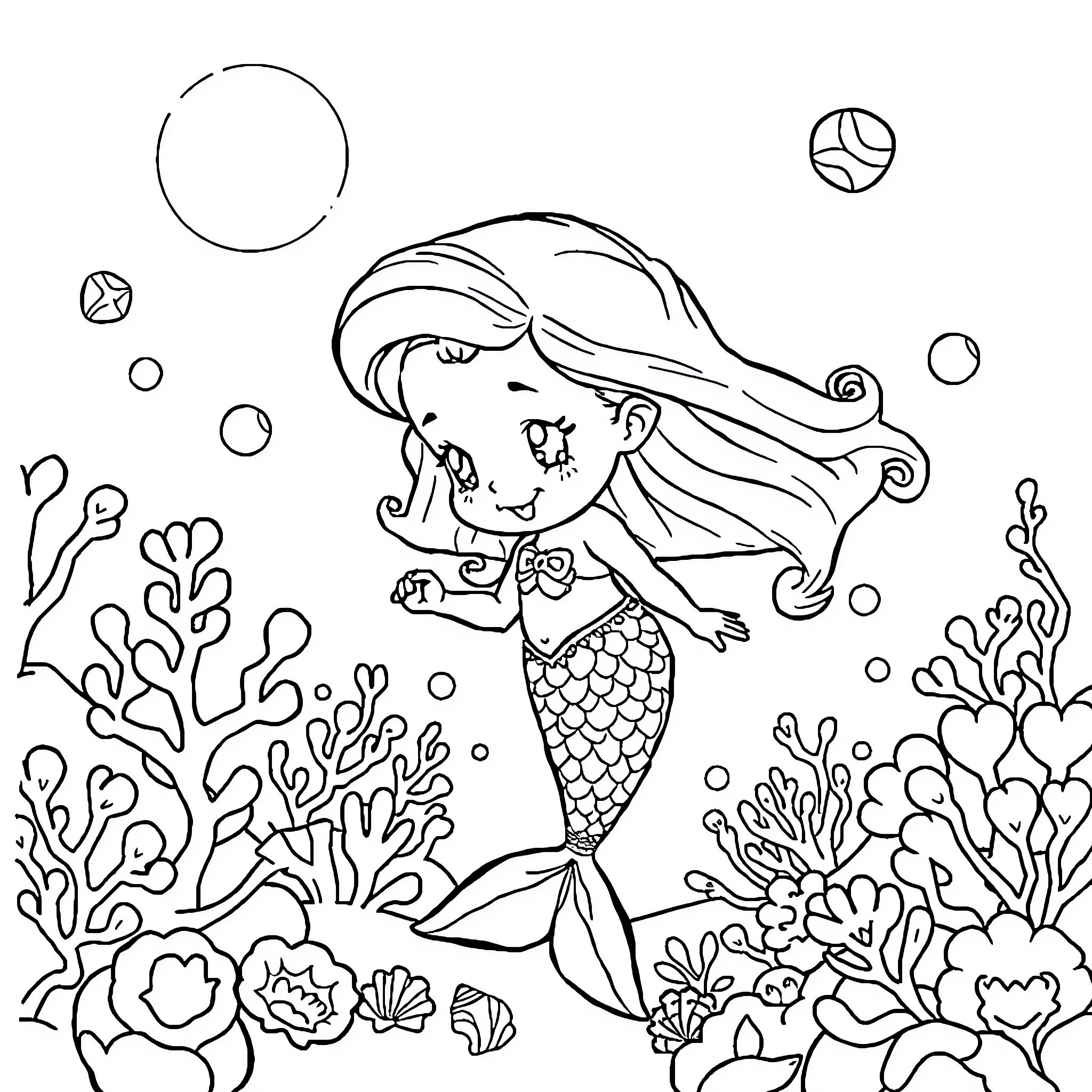 Mermaid swimming gracefully amid underwater flora Coloring Page (free black-and-white line drawing printable PDF for all, from beginners to advanced learners, including children, teens, adults, and seniors)