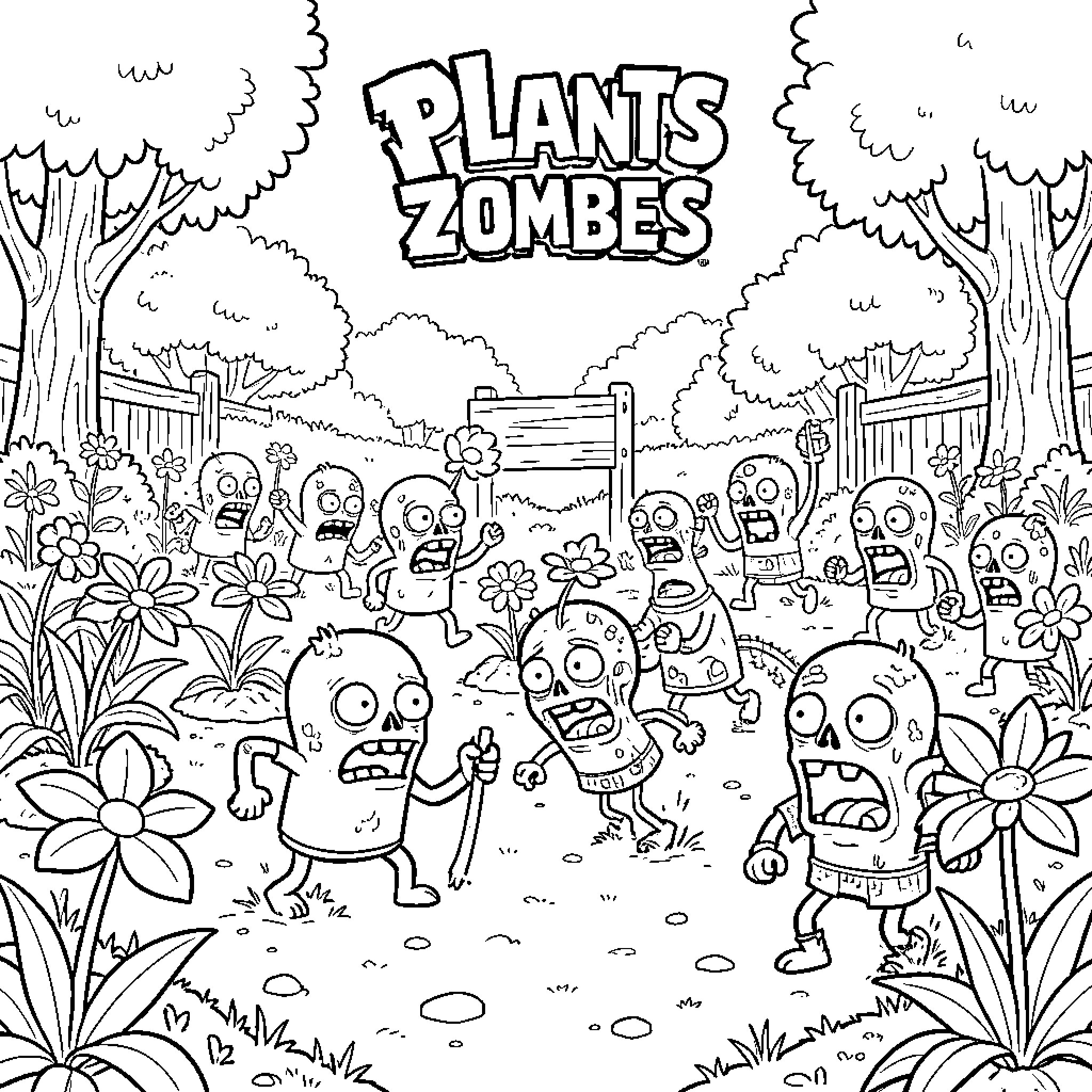 Plants versus Zombies characters running through a garden Coloring Page (free black-and-white line drawing printable PDF for all, from beginners to advanced learners, including children, teens, adults, and seniors)