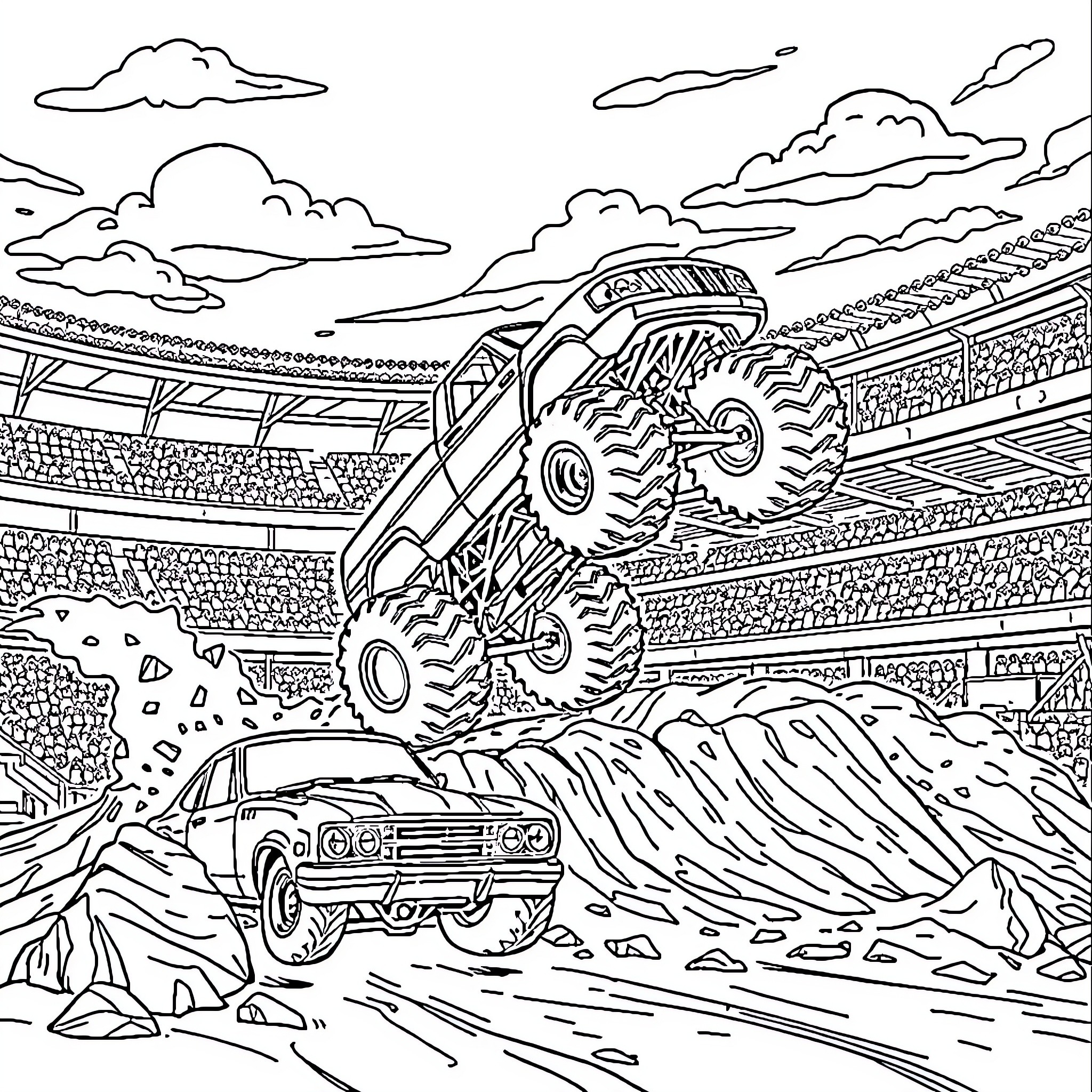 Monster Truck Performing Stunts in an Arena Coloring Page (free black-and-white line drawing printable PDF for all, from beginners to advanced learners, including children, teens, adults, and seniors)