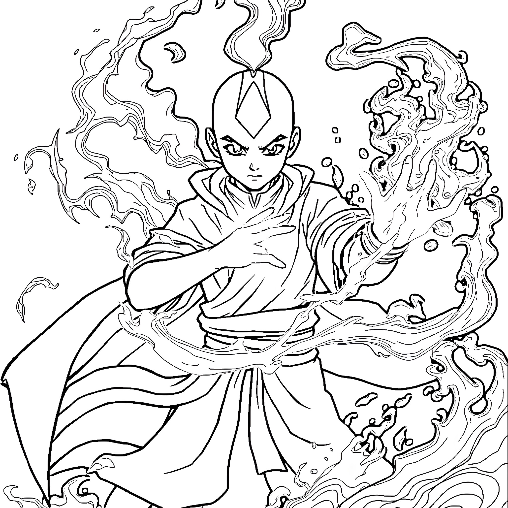 Aang Wielding Powerful Elemental Abilities Coloring Page (free black-and-white line drawing printable PDF for all, from beginners to advanced learners, including children, teens, adults, and seniors)