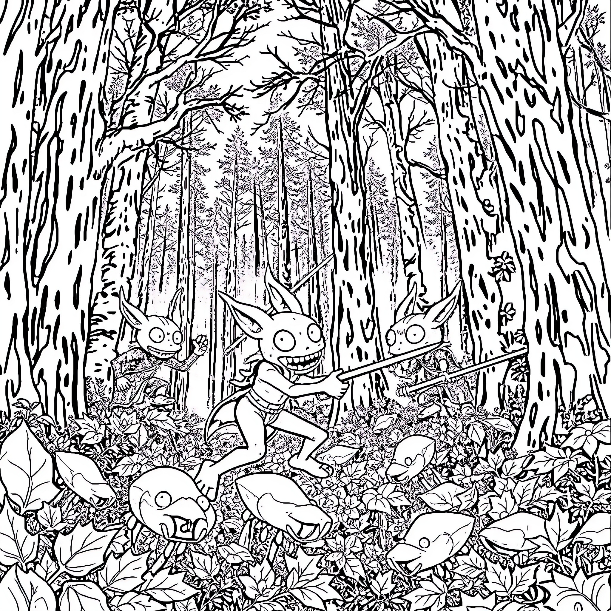 Sprukis Creatures Exploring the Enchanted Forest Coloring Page (free black-and-white line drawing printable PDF for all, from beginners to advanced learners, including children, teens, adults, and seniors)