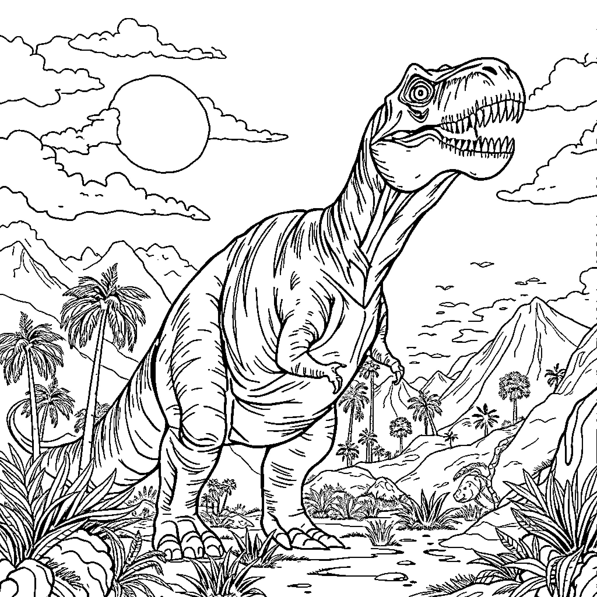 Dinosaur roaming through prehistoric landscape Coloring Page (free black-and-white line drawing printable PDF for all, from beginners to advanced learners, including children, teens, adults, and seniors)