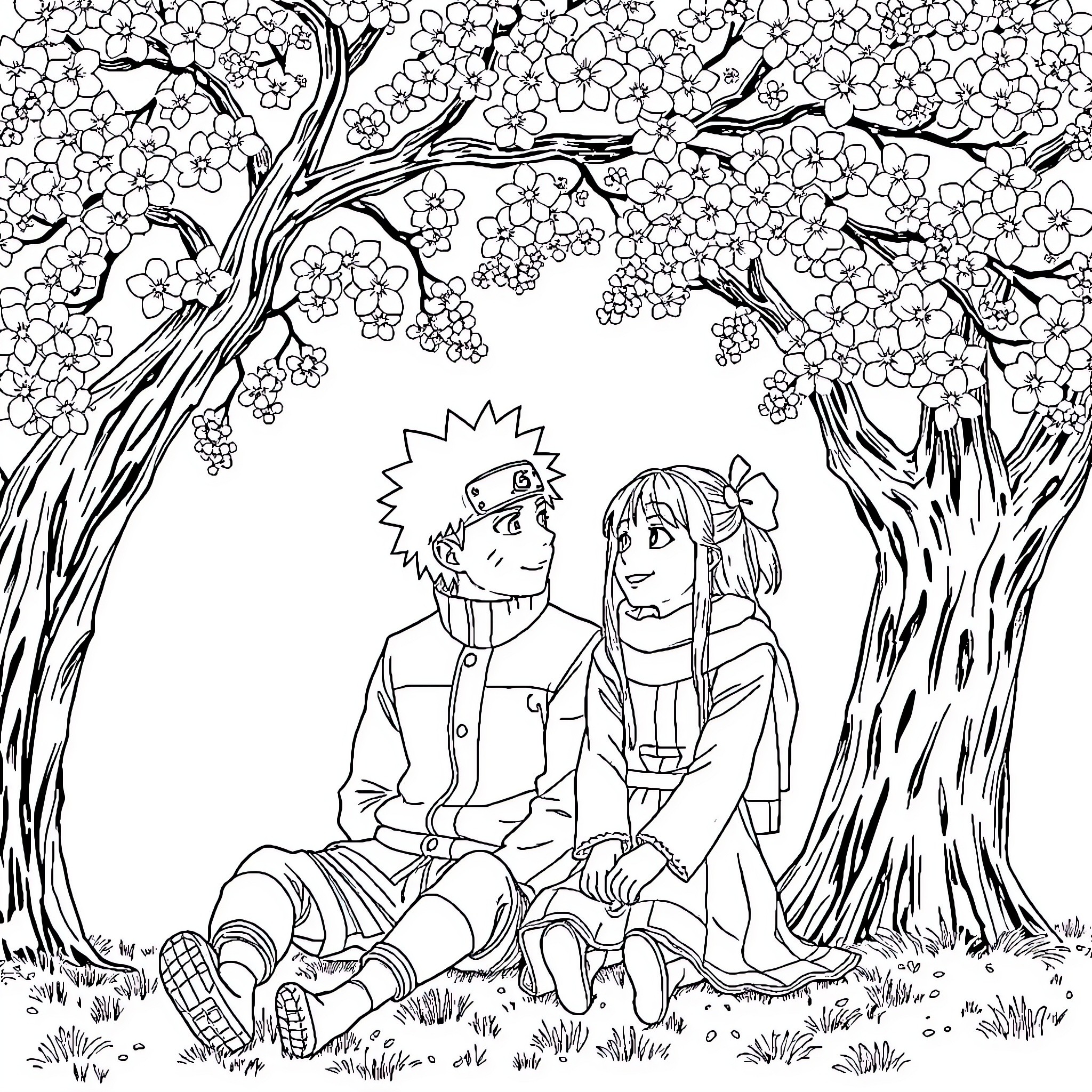 Naruto and Hinata enjoying a peaceful moment under the cherry blossoms Coloring Page (free black-and-white line drawing printable PDF for all, from beginners to advanced learners, including children, teens, adults, and seniors)