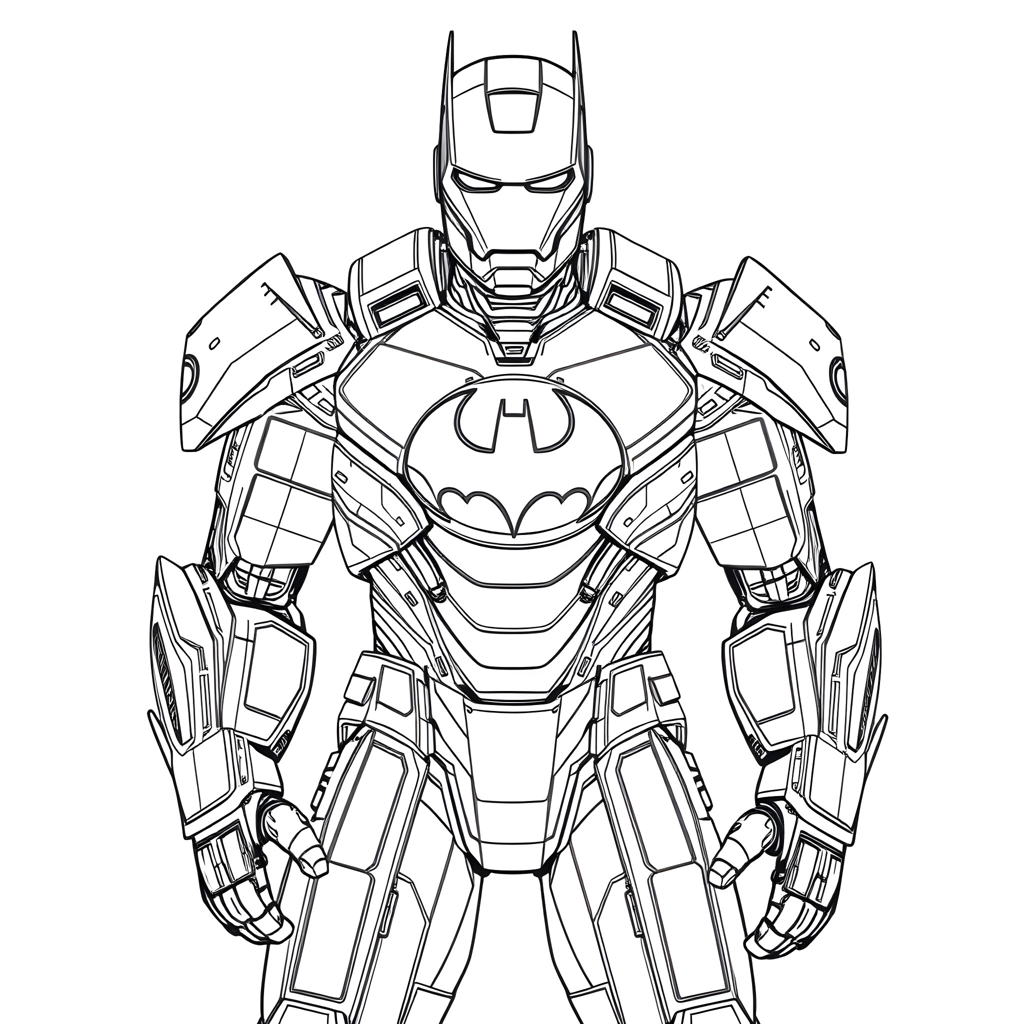 Ironman Armored Hero in Battle Pose Coloring Page (free black-and-white line drawing printable PDF for all, from beginners to advanced learners, including children, teens, adults, and seniors)