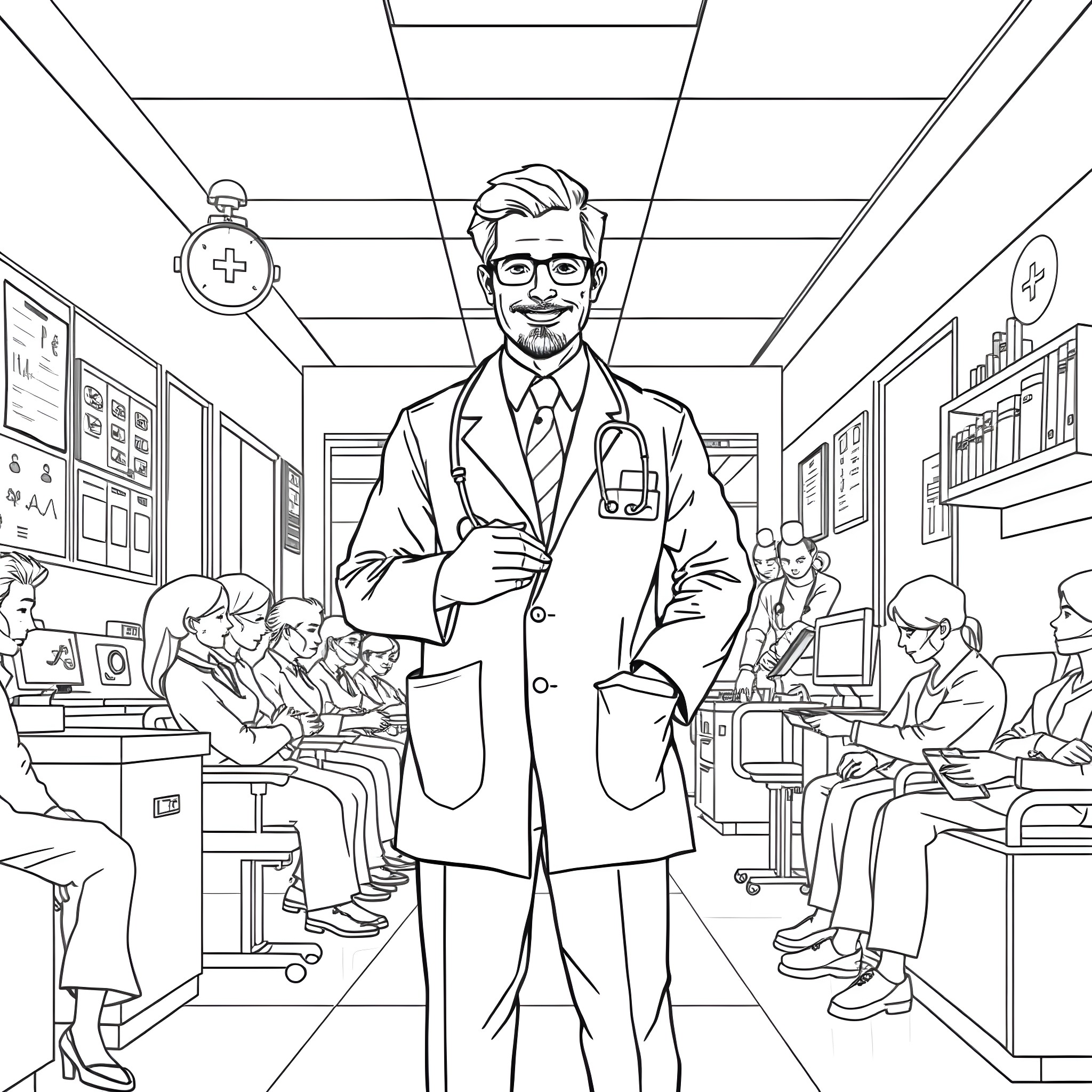 Doctor Providing Care and Consultation in Medical Clinic Coloring Page (free black-and-white line drawing printable PDF for all, from beginners to advanced learners, including children, teens, adults, and seniors)
