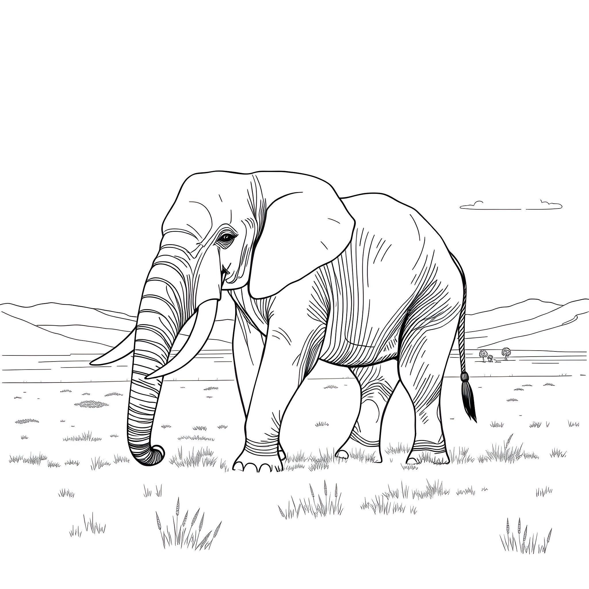 Elephant standing peacefully in the wilderness Coloring Page (free black-and-white line drawing printable PDF for all, from beginners to advanced learners, including children, teens, adults, and seniors)