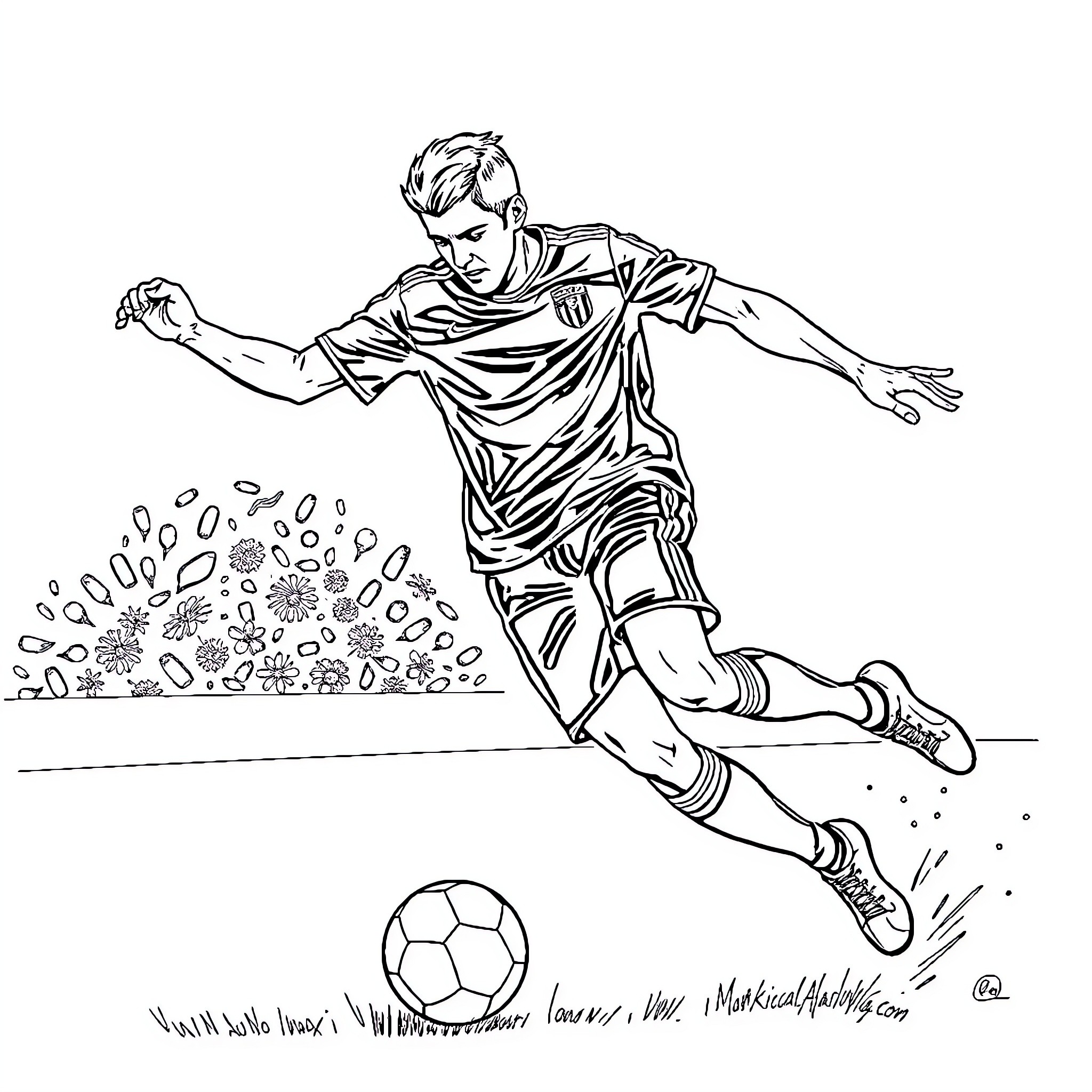 Futbol player kicking ball with energy Coloring Page (free black-and-white line drawing printable PDF for all, from beginners to advanced learners, including children, teens, adults, and seniors)