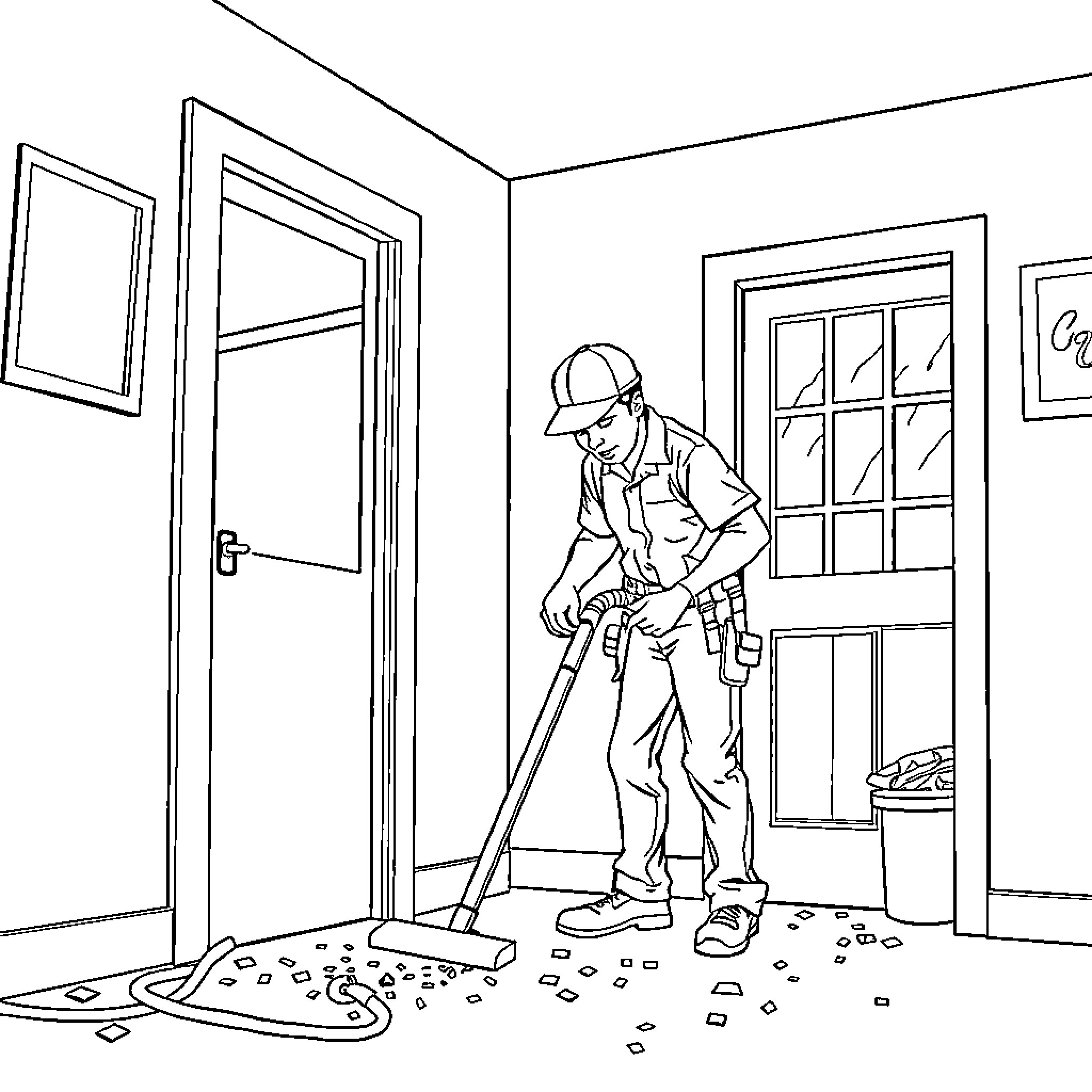 Electrician Cleaning Up Work Area After Repair Coloring Page (free black-and-white line drawing printable PDF for all, from beginners to advanced learners, including children, teens, adults, and seniors)