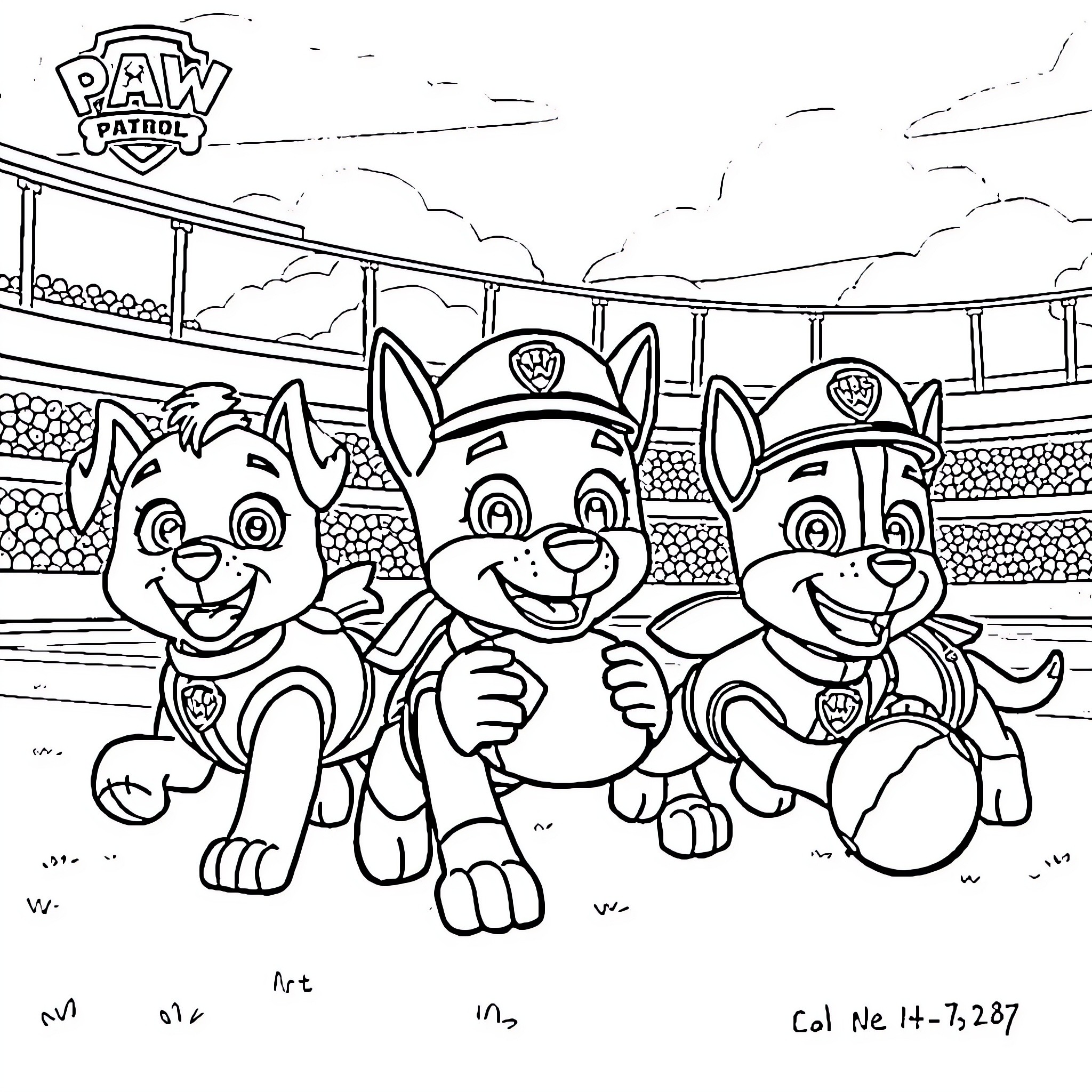 Paw Patrol puppies in a stadium scene Coloring Page (free black-and-white line drawing printable PDF for all, from beginners to advanced learners, including children, teens, adults, and seniors)