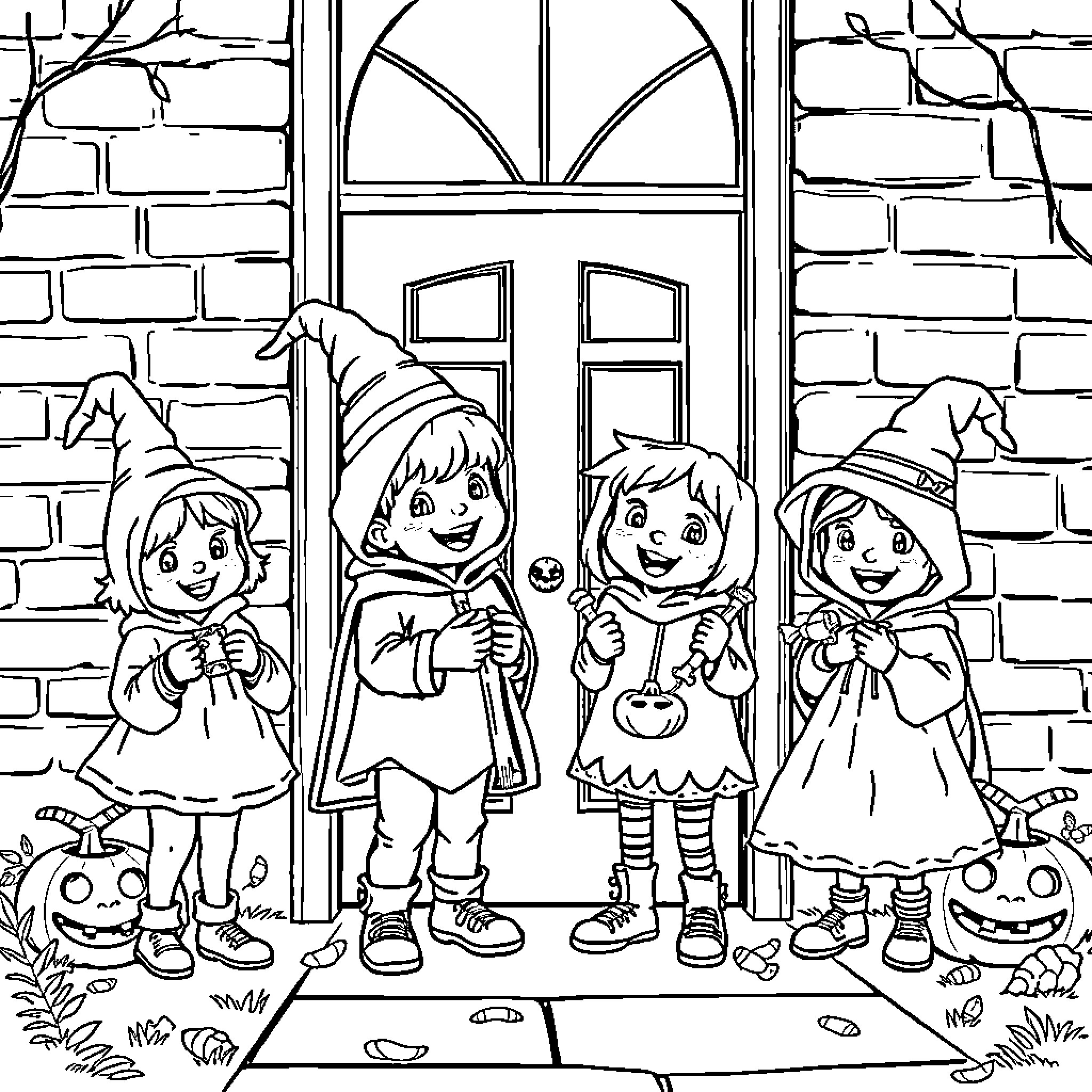 Tooth Trick-or-Treating Children in Costume Coloring Page (free black-and-white line drawing printable PDF for all, from beginners to advanced learners, including children, teens, adults, and seniors)