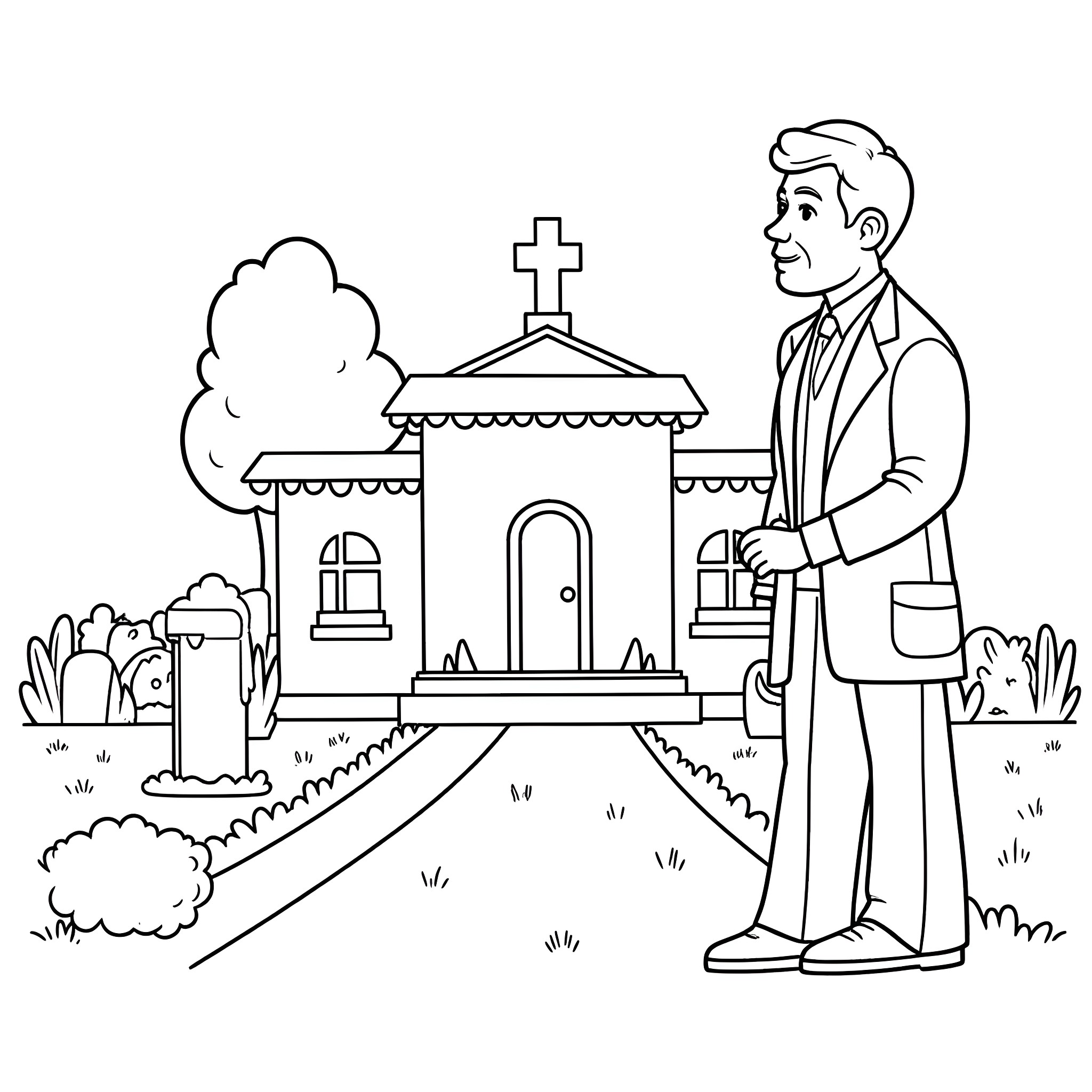 Book of a Priest Walking Near a Church Coloring Page (free black-and-white line drawing printable PDF for all, from beginners to advanced learners, including children, teens, adults, and seniors)