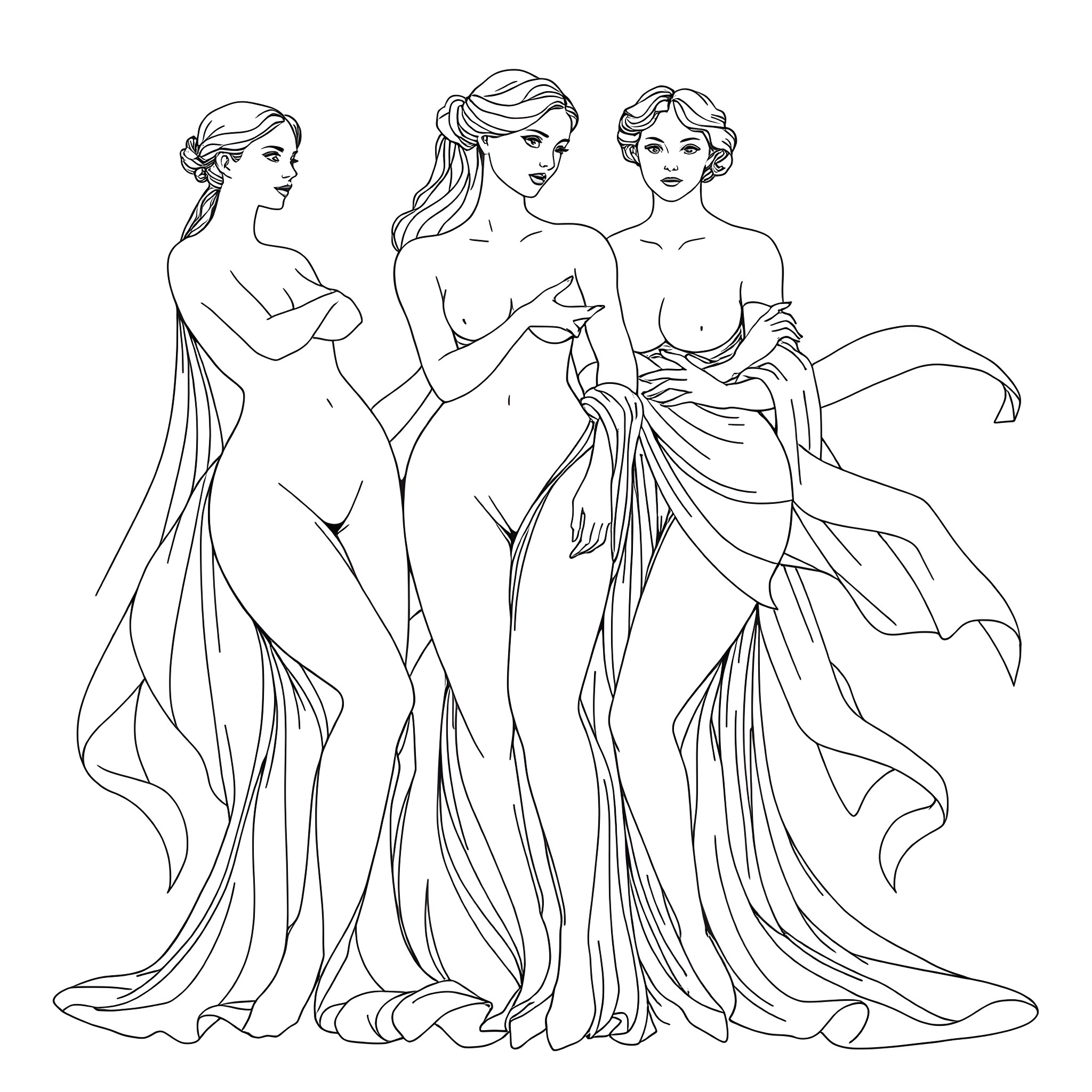 Women in flowing dresses with graceful poses Coloring Page (free black-and-white line drawing printable PDF for all, from beginners to advanced learners, including children, teens, adults, and seniors)