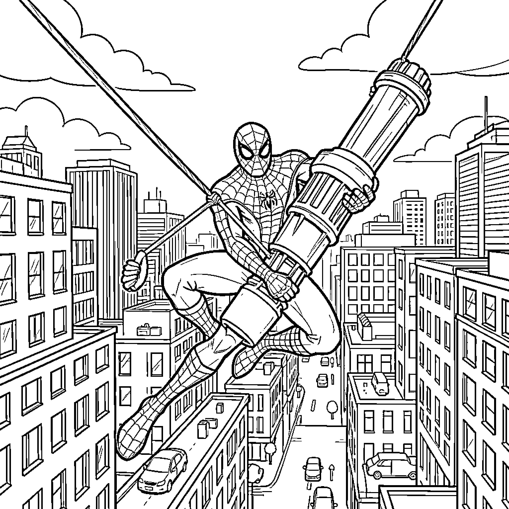Spider-Man swinging through a city while holding a large device Coloring Page (free black-and-white line drawing printable PDF for all, from beginners to advanced learners, including children, teens, adults, and seniors)