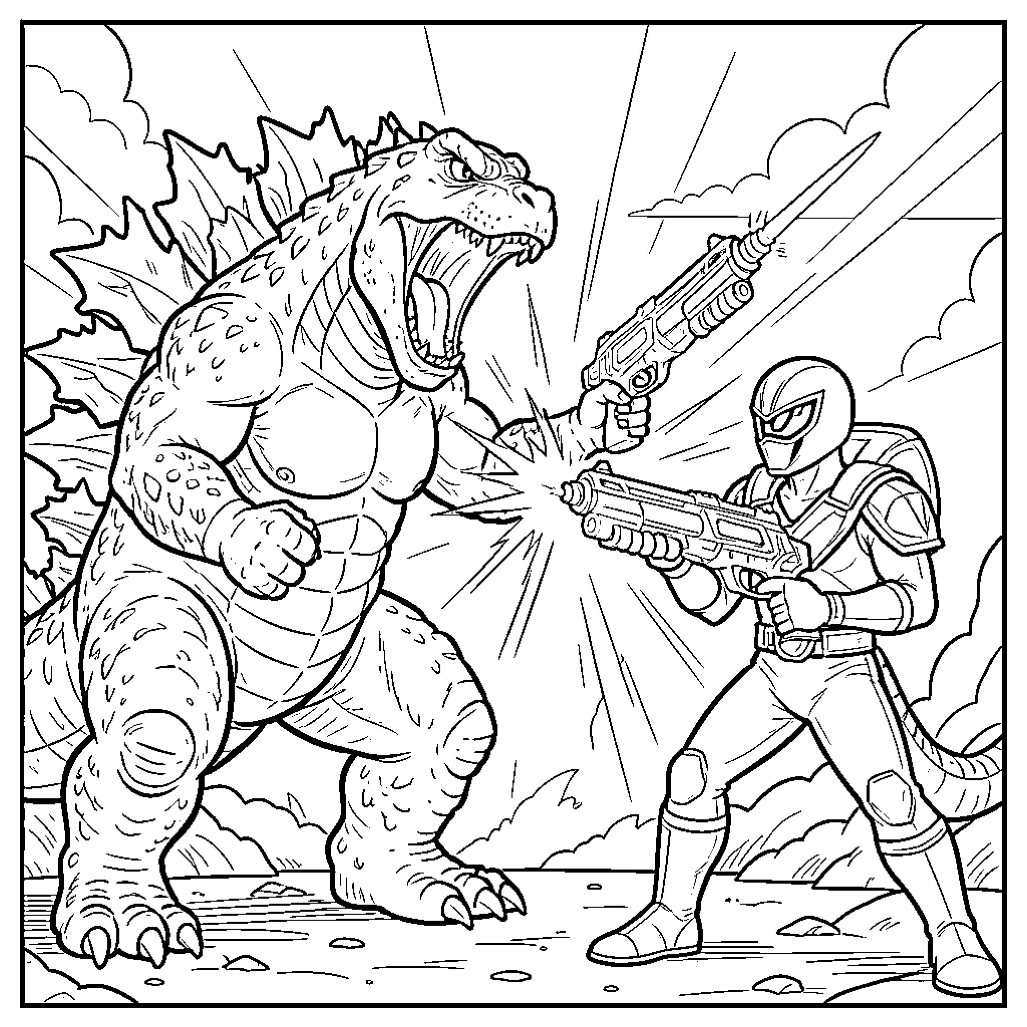 Godzilla battling an armored warrior with a futuristic weapon Coloring Page (free black-and-white line drawing printable PDF for all, from beginners to advanced learners, including children, teens, adults, and seniors)