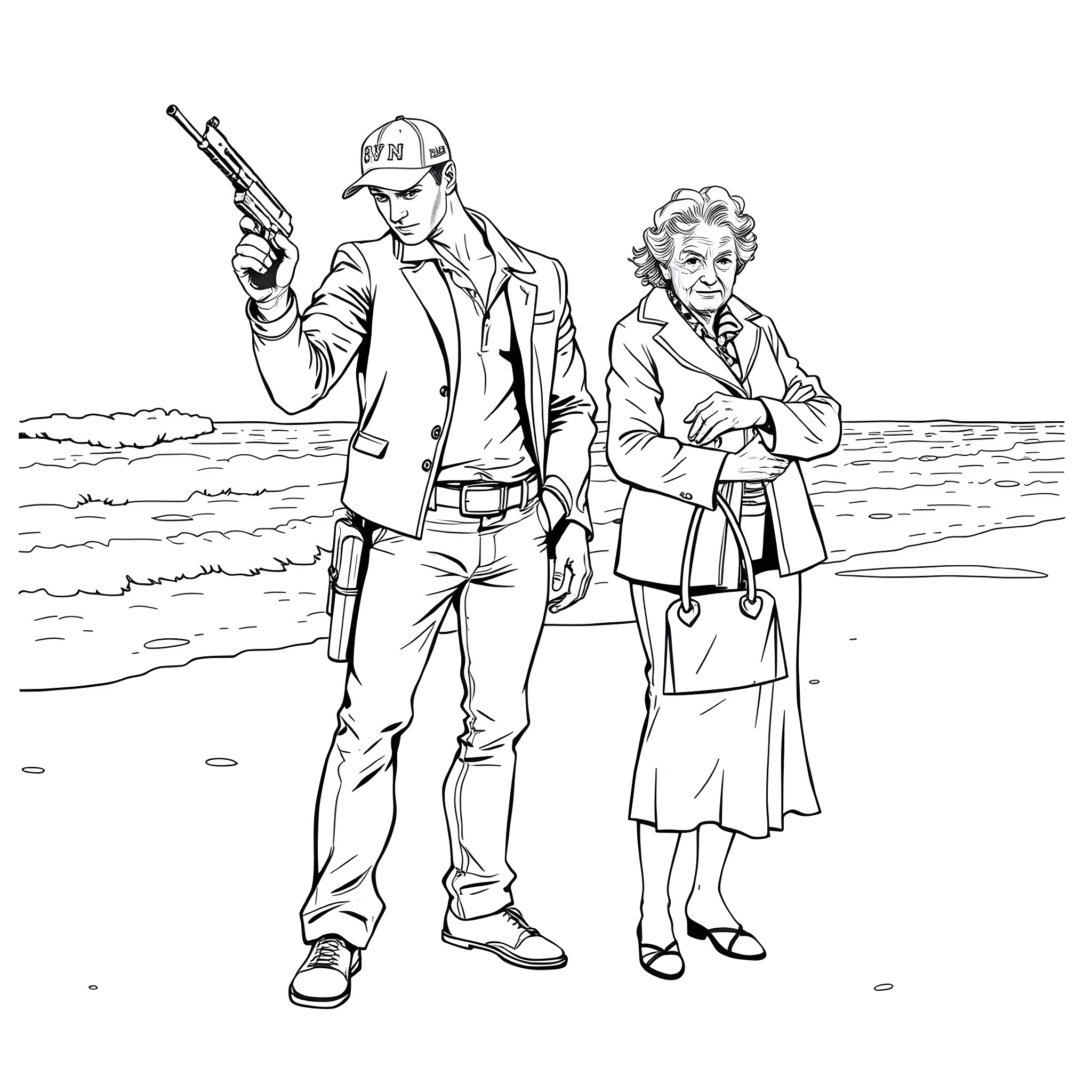 Robber confronts an elderly woman on the beach Coloring Page (free black-and-white line drawing printable PDF for all, from beginners to advanced learners, including children, teens, adults, and seniors)