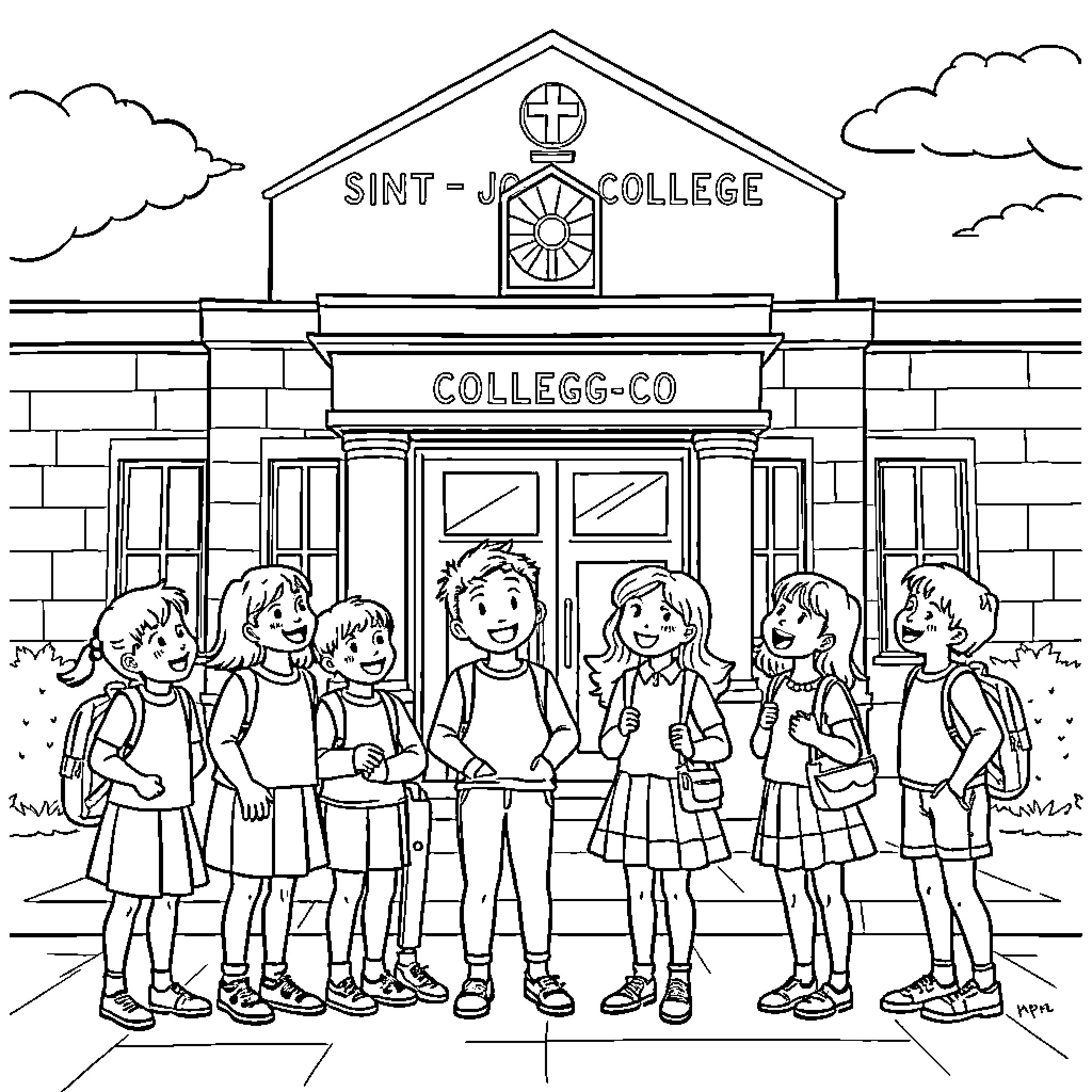 Schoolchildren gathered outside college building Coloring Page (free black-and-white line drawing printable PDF for all, from beginners to advanced learners, including children, teens, adults, and seniors)