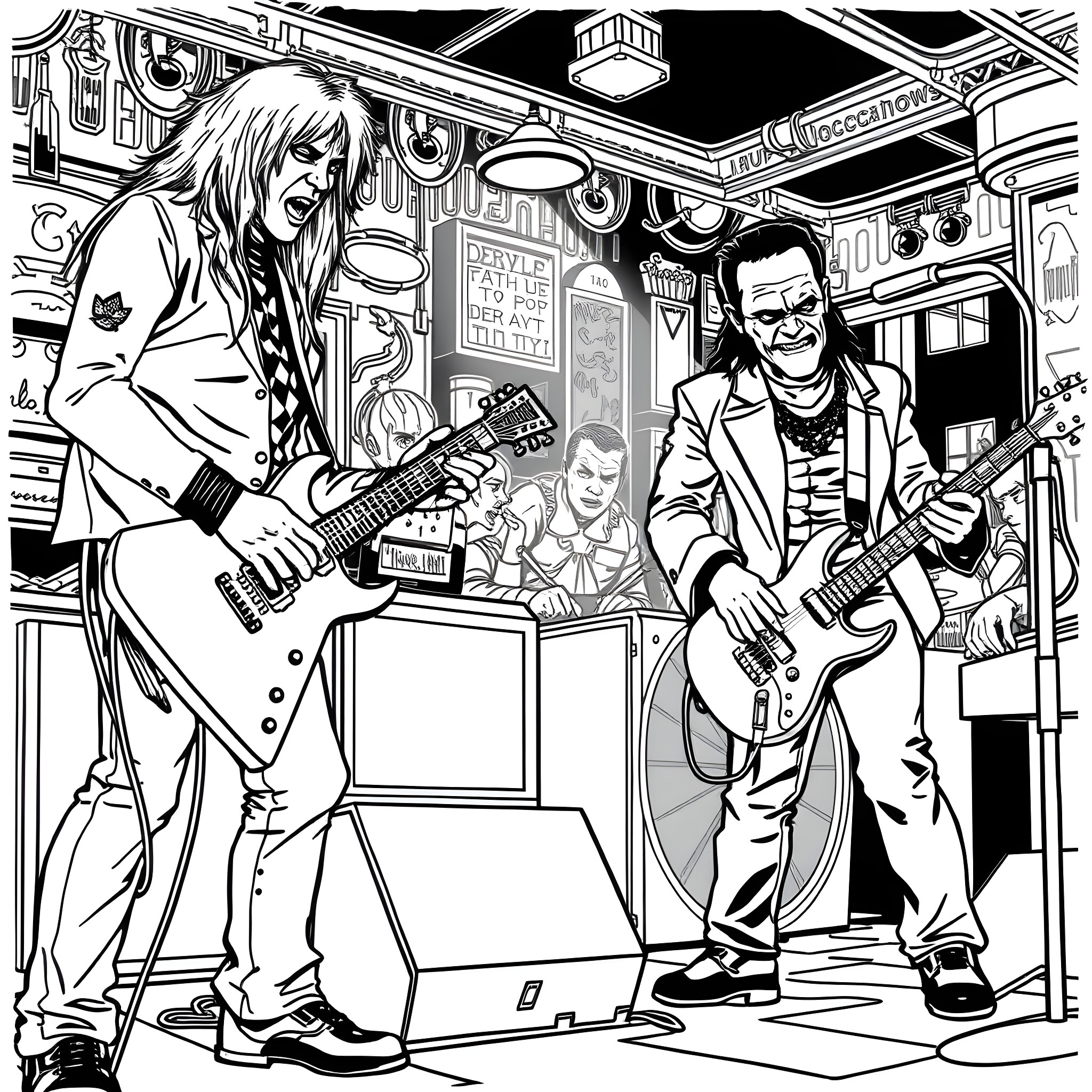 Misfits Rocking Out in a Retro Music Store Coloring Page (free black-and-white line drawing printable PDF for all, from beginners to advanced learners, including children, teens, adults, and seniors)