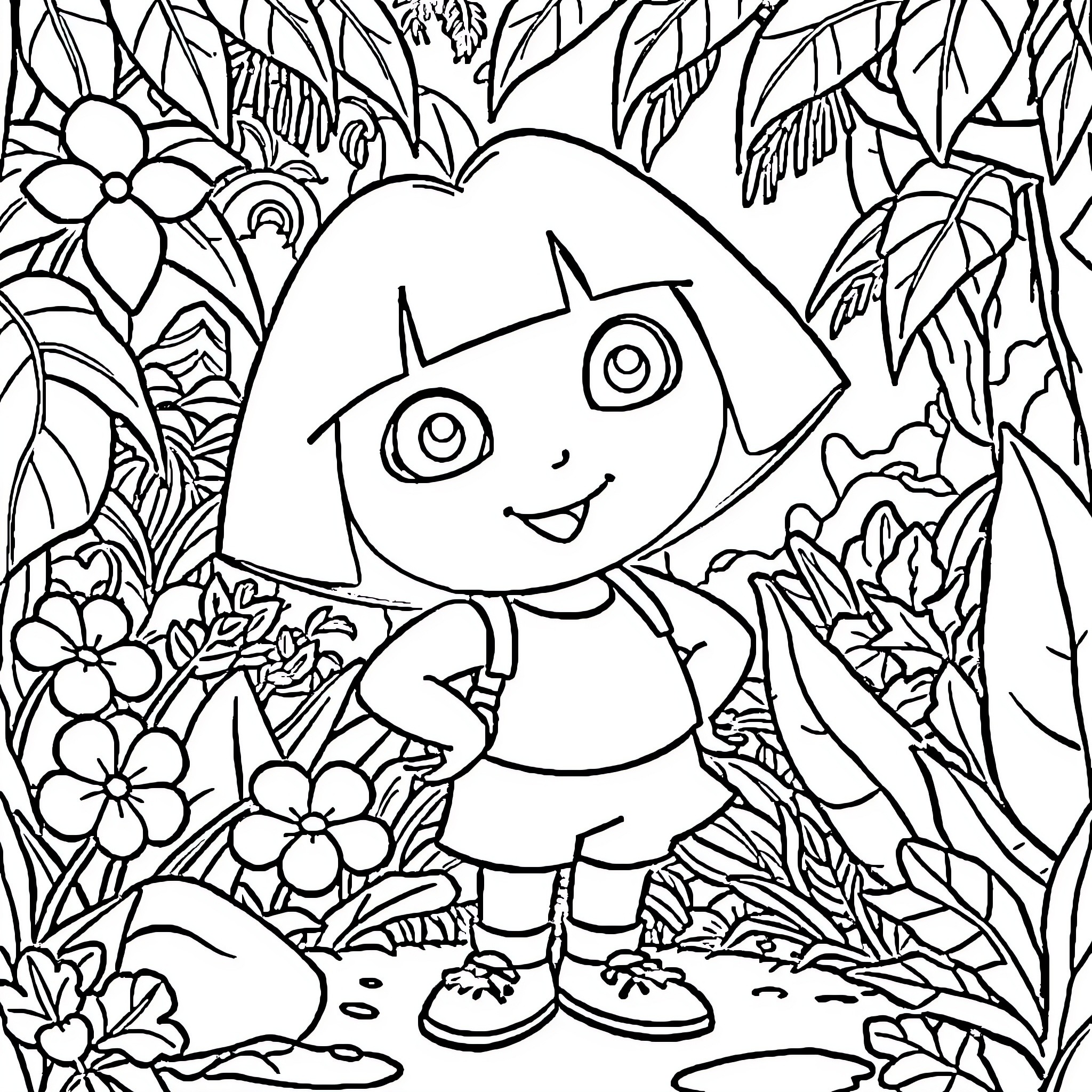 Dora exploring the vibrant jungle landscape Coloring Page (free black-and-white line drawing printable PDF for all, from beginners to advanced learners, including children, teens, adults, and seniors)