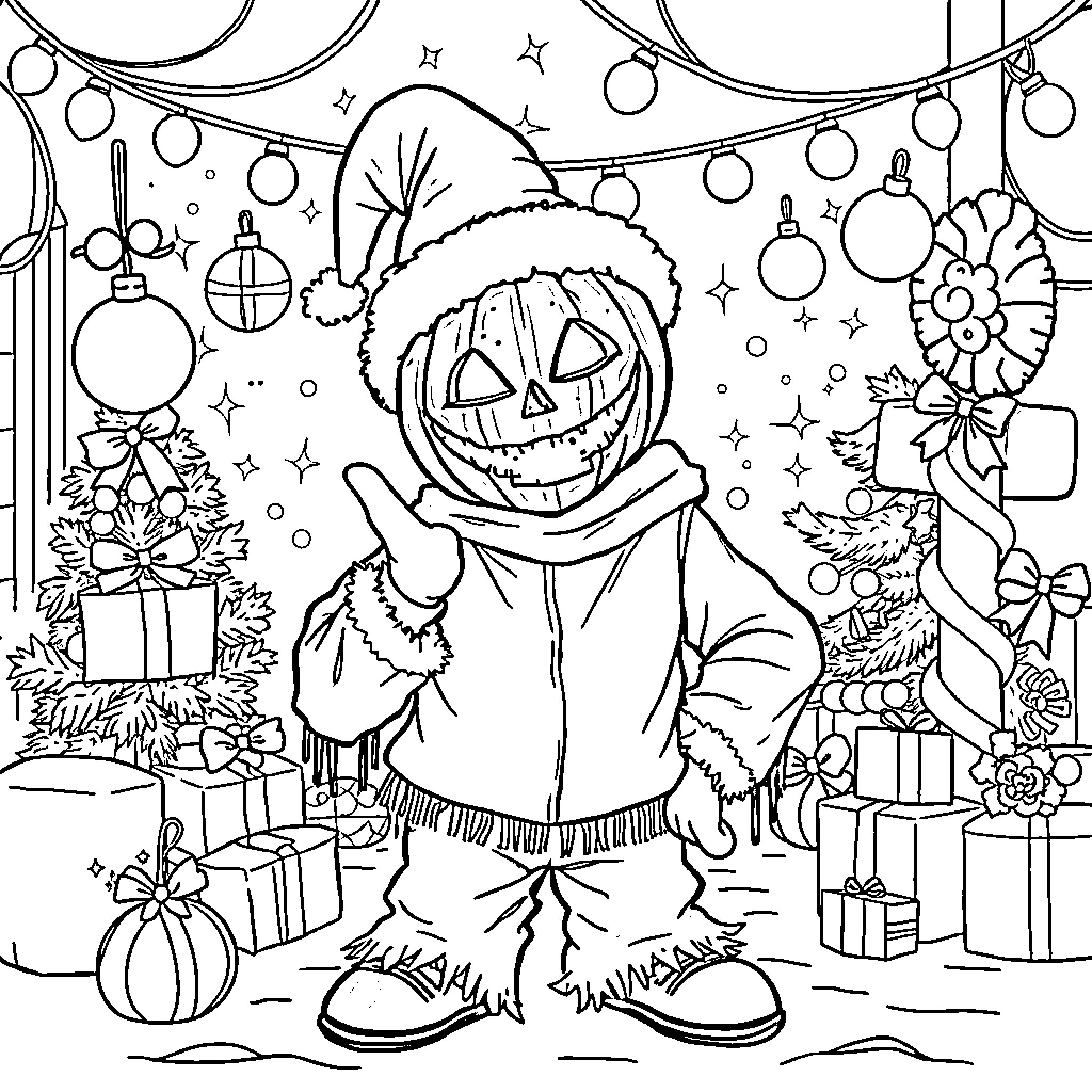 Sam's Holiday Decorations Coloring Page (free black-and-white line drawing printable PDF for all, from beginners to advanced learners, including children, teens, adults, and seniors)