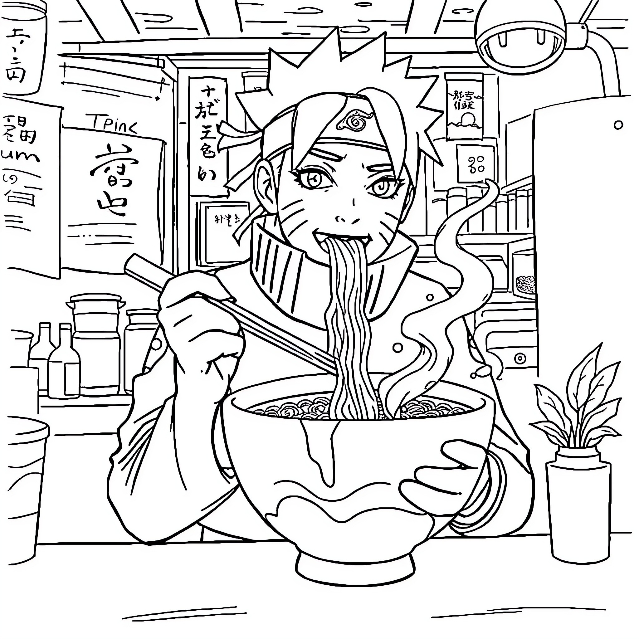 Naruto enjoying ramen in cozy kitchen scene Coloring Page (free black-and-white line drawing printable PDF for all, from beginners to advanced learners, including children, teens, adults, and seniors)