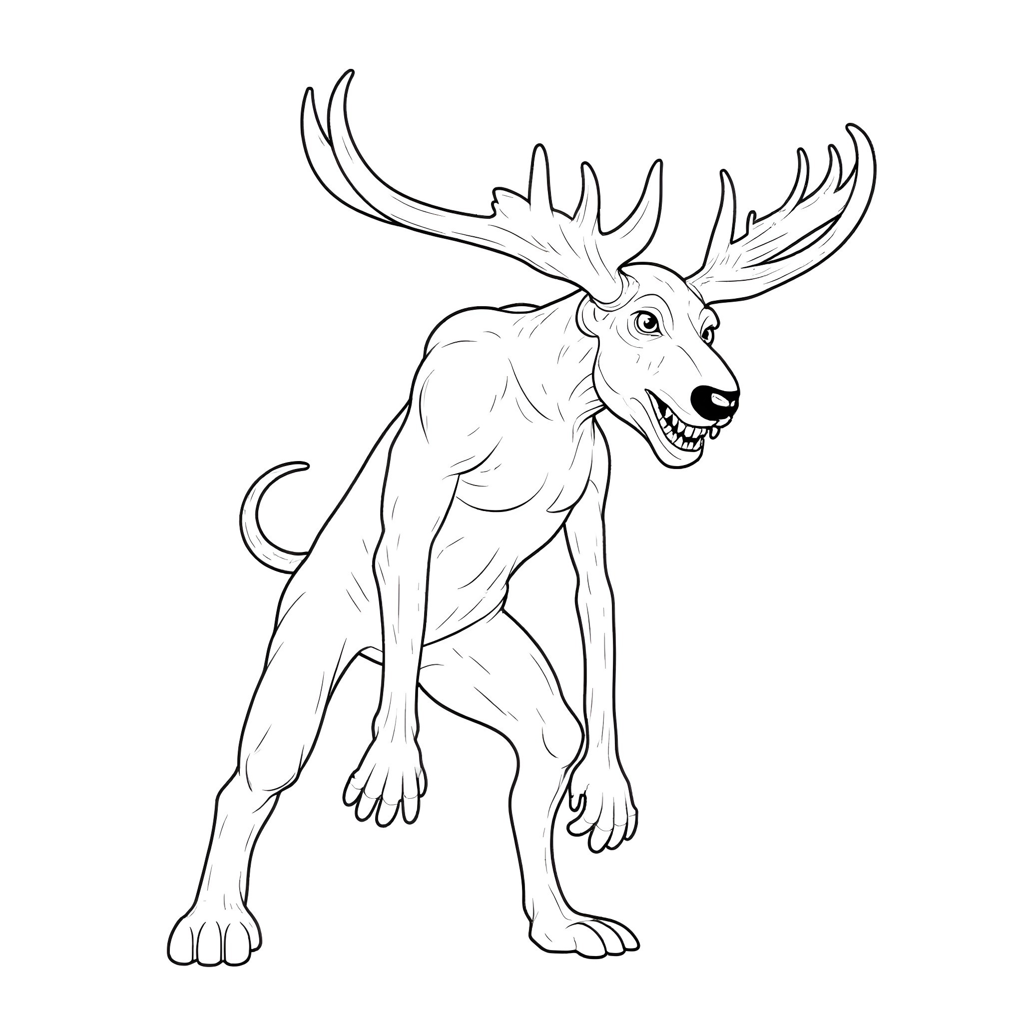 Monster Moose with Mischievous Expression Coloring Page (free black-and-white line drawing printable PDF for all, from beginners to advanced learners, including children, teens, adults, and seniors)