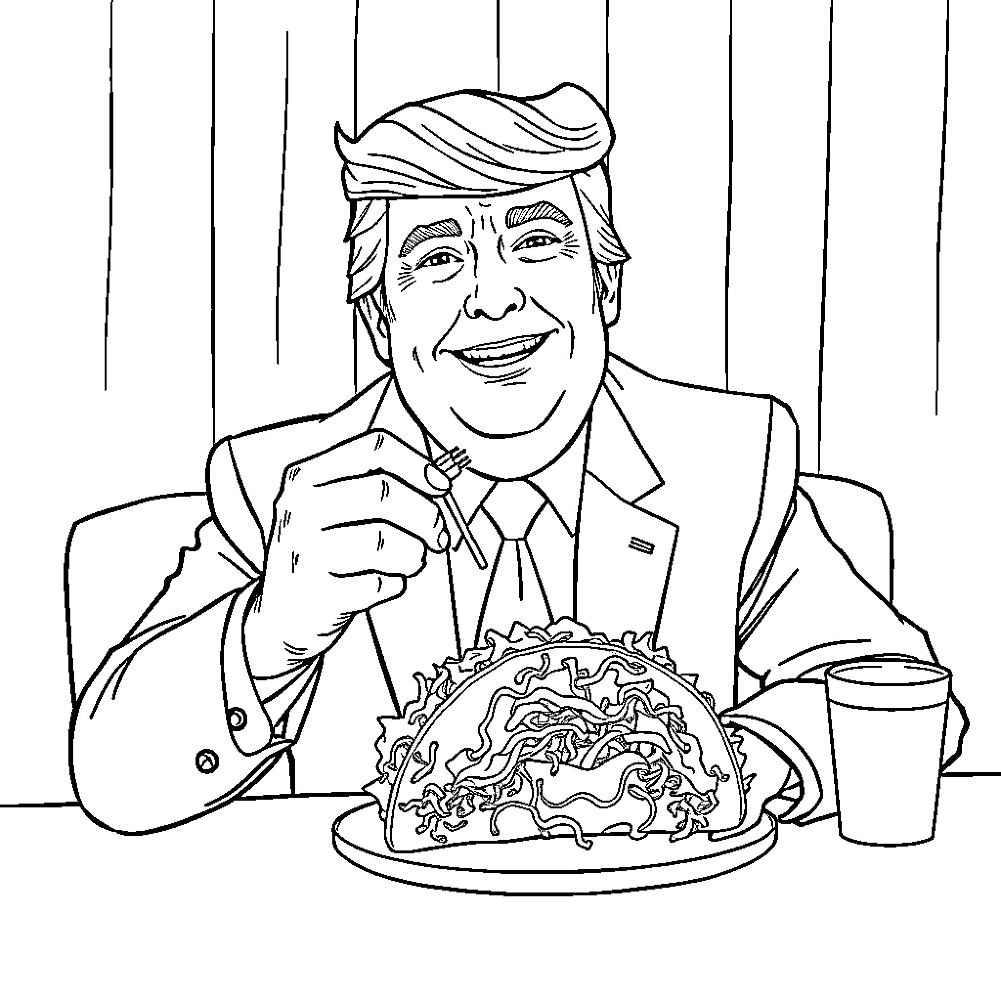 Donald Trump enjoying a taco bowl at his desk Coloring Page (free black-and-white line drawing printable PDF for all, from beginners to advanced learners, including children, teens, adults, and seniors)