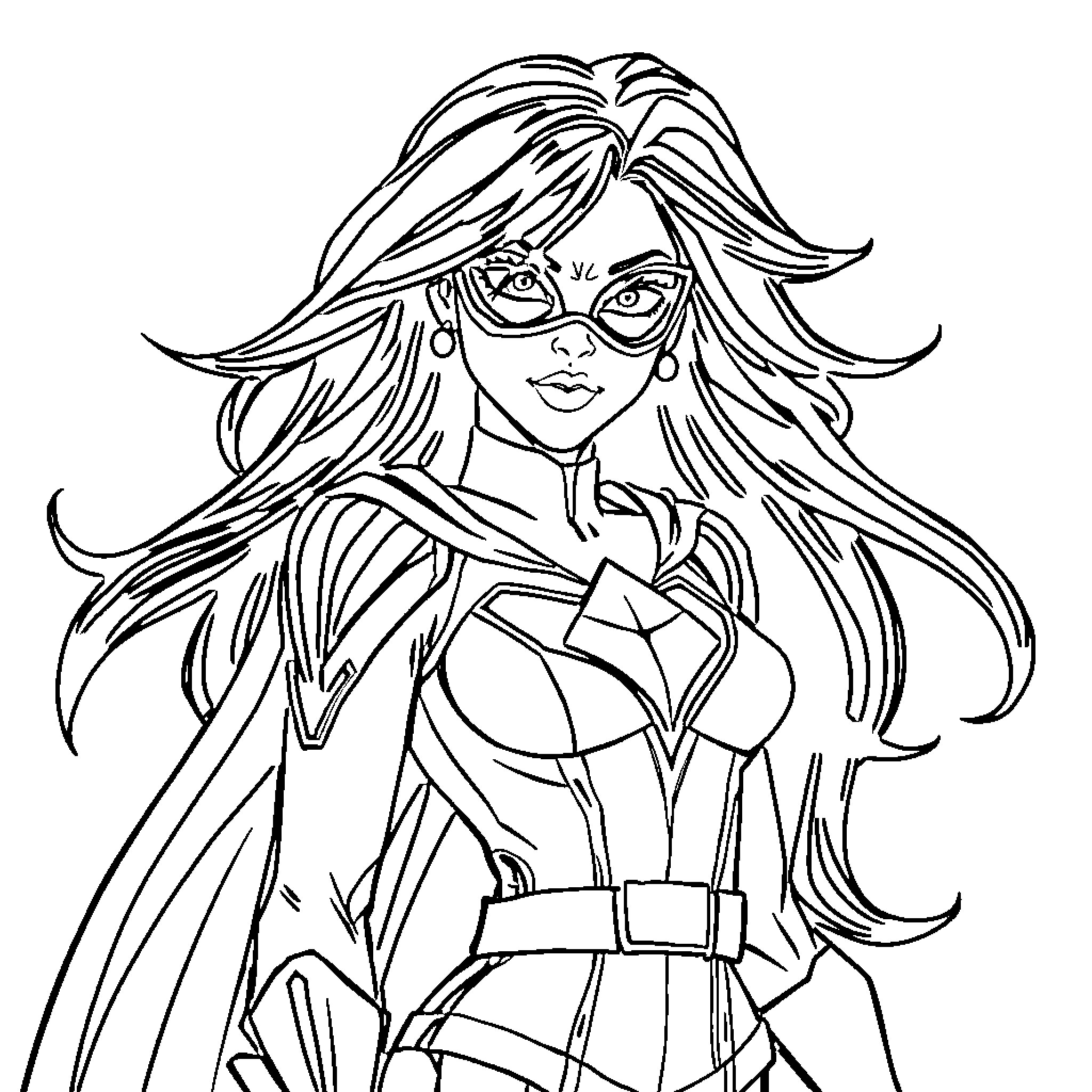 Superhero woman in action-ready pose Coloring Page (free black-and-white line drawing printable PDF for all, from beginners to advanced learners, including children, teens, adults, and seniors)