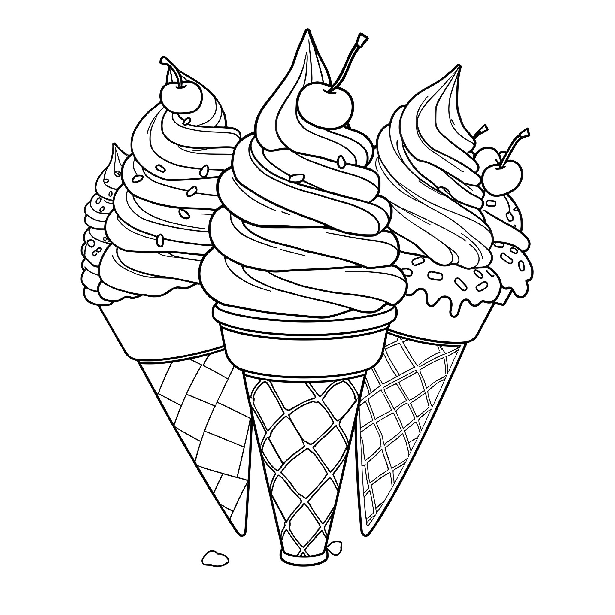 Icecream Cone with various frozen desserts Coloring Page (free black-and-white line drawing printable PDF for all, from beginners to advanced learners, including children, teens, adults, and seniors)