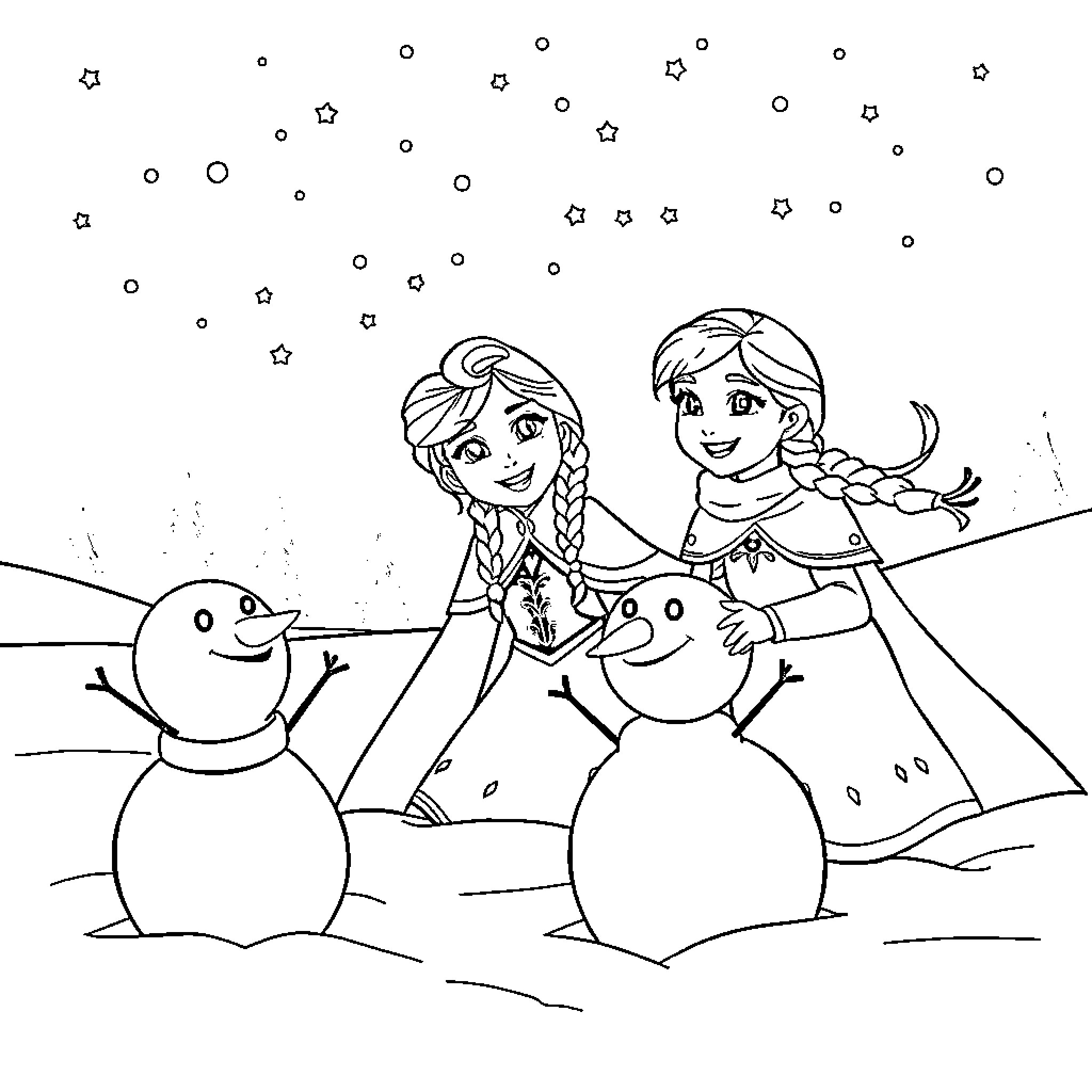 Elsa building snowmen with a friend Coloring Page (free black-and-white line drawing printable PDF for all, from beginners to advanced learners, including children, teens, adults, and seniors)