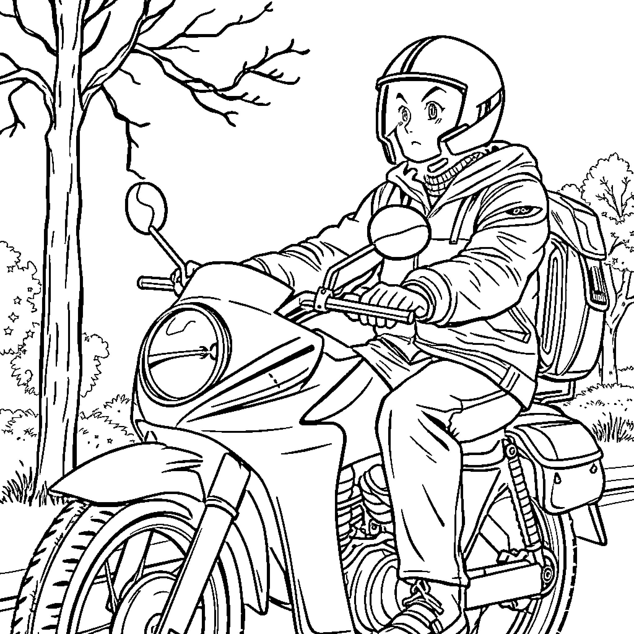 Superman riding motorcycle in the wilderness Coloring Page (free black-and-white line drawing printable PDF for all, from beginners to advanced learners, including children, teens, adults, and seniors)