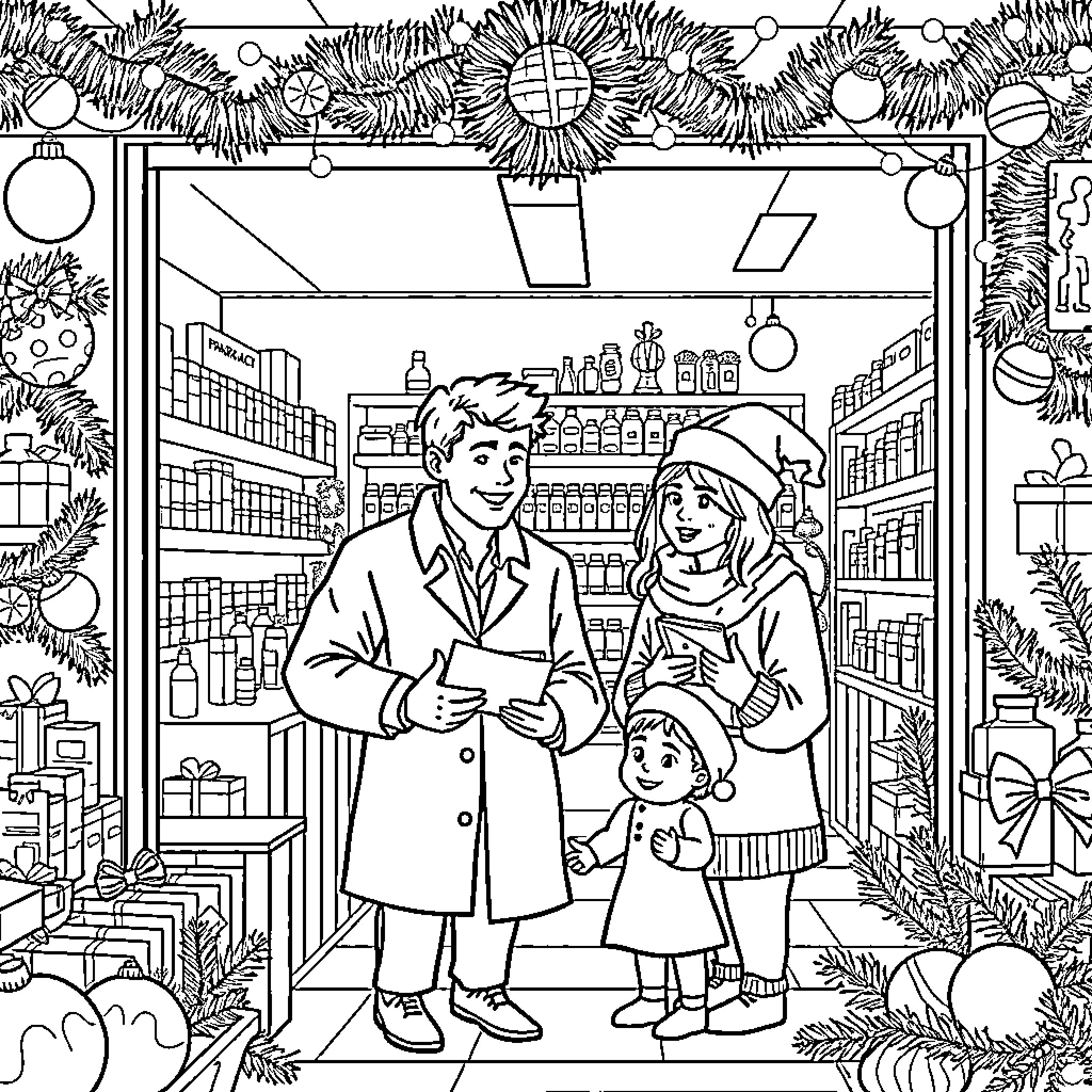 Pharmacist Assisting Customers at Holiday Pharmacy Coloring Page (free black-and-white line drawing printable PDF for all, from beginners to advanced learners, including children, teens, adults, and seniors)