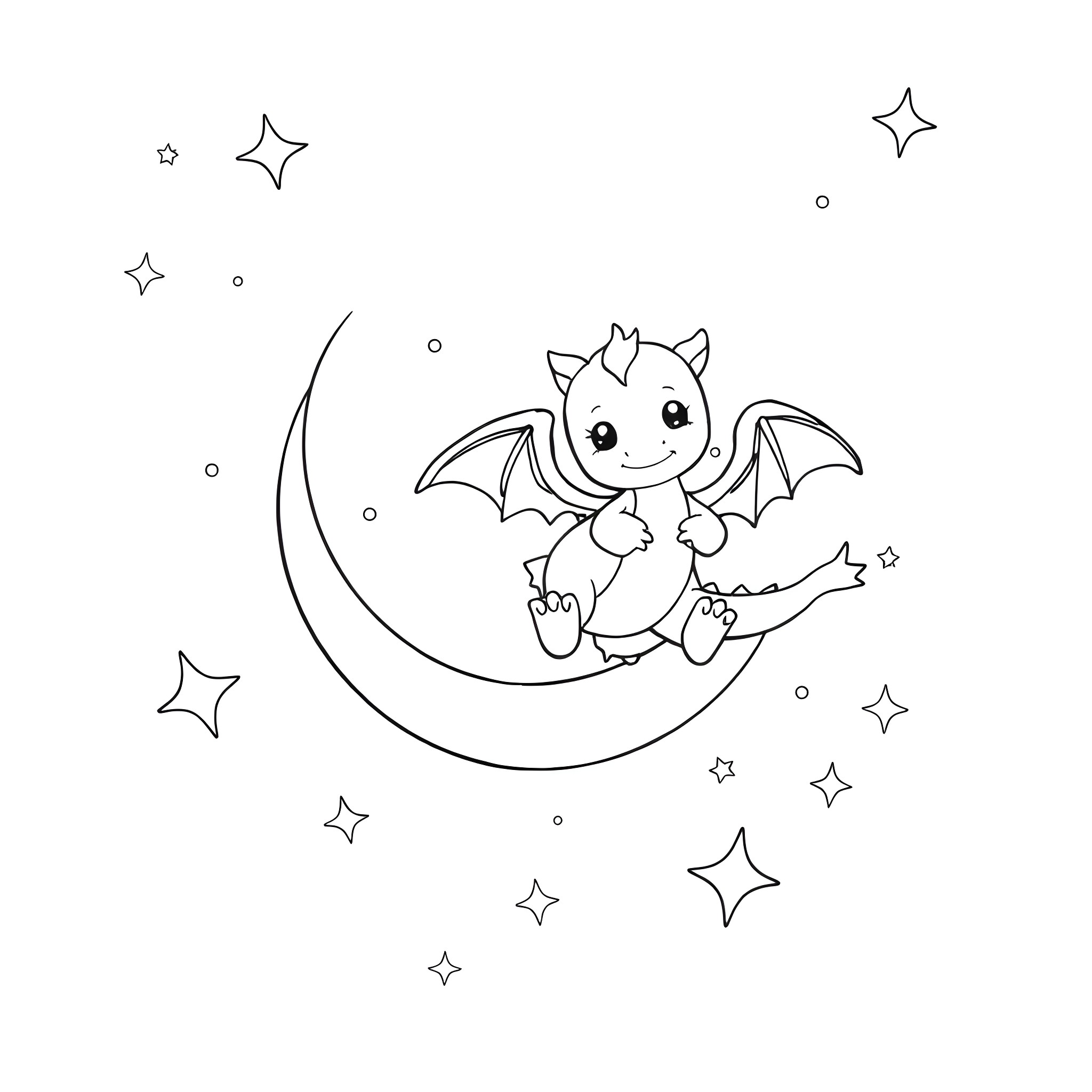 Dragon flying joyfully in the starry night Coloring Page (free black-and-white line drawing printable PDF for all, from beginners to advanced learners, including children, teens, adults, and seniors)