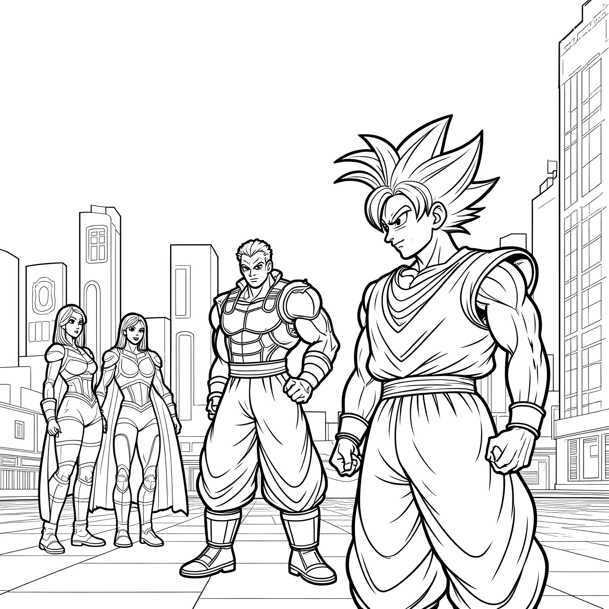 Son Goku and his friends in action poses Coloring Page (free black-and-white line drawing printable PDF for all, from beginners to advanced learners, including children, teens, adults, and seniors)