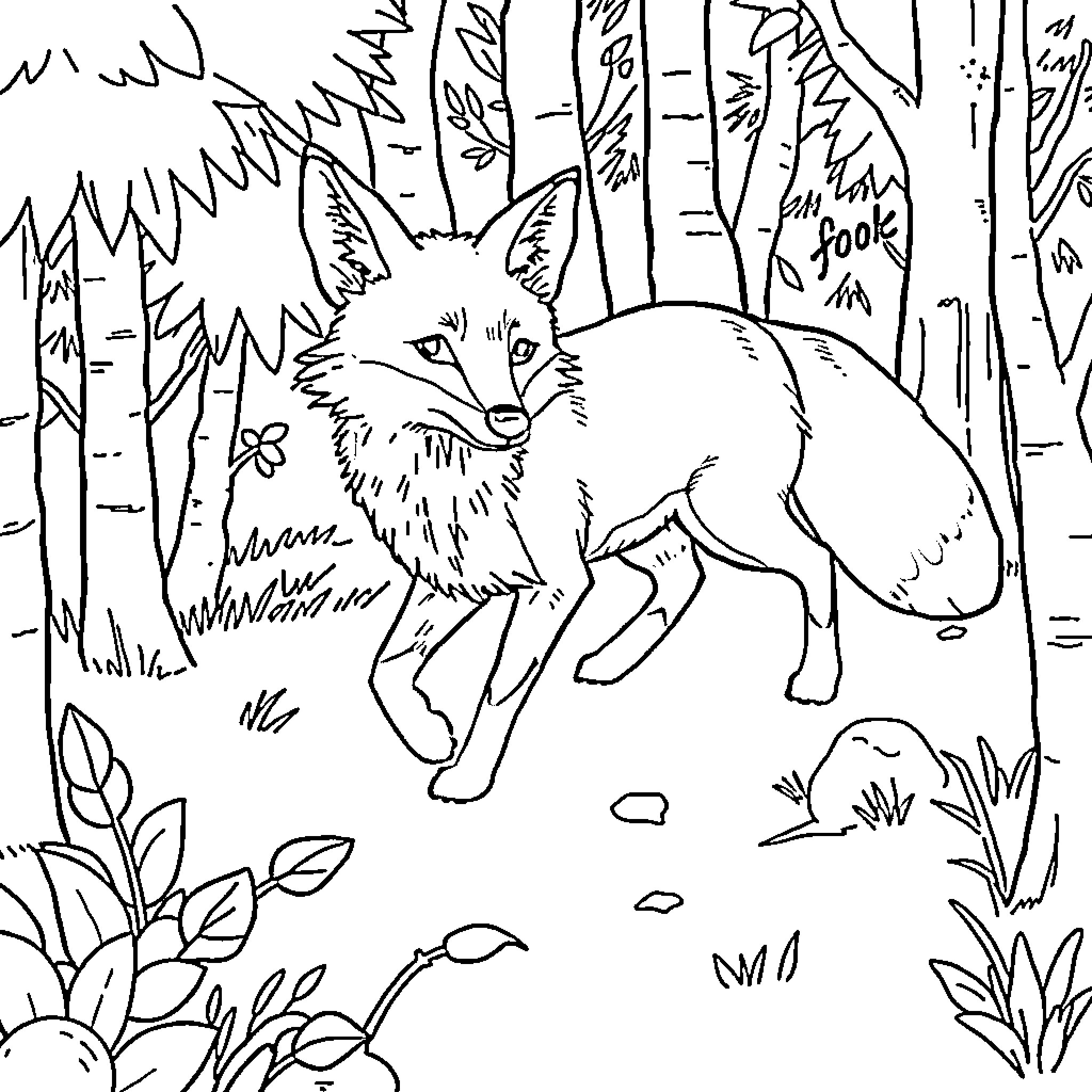 Fox exploring the forest environment Coloring Page (free black-and-white line drawing printable PDF for all, from beginners to advanced learners, including children, teens, adults, and seniors)
