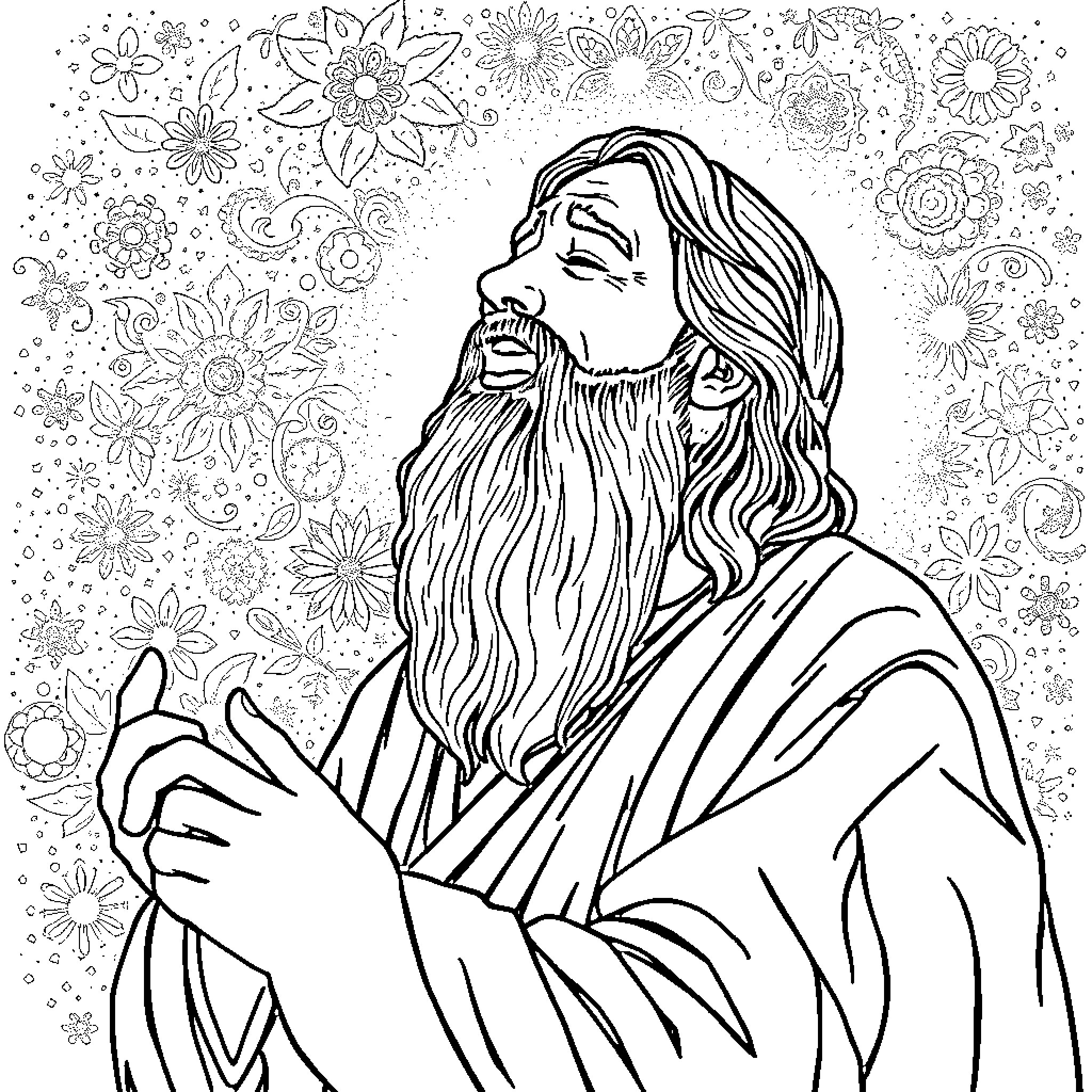 Rumi in contemplative expression with floral elements Coloring Page (free black-and-white line drawing printable PDF for all, from beginners to advanced learners, including children, teens, adults, and seniors)