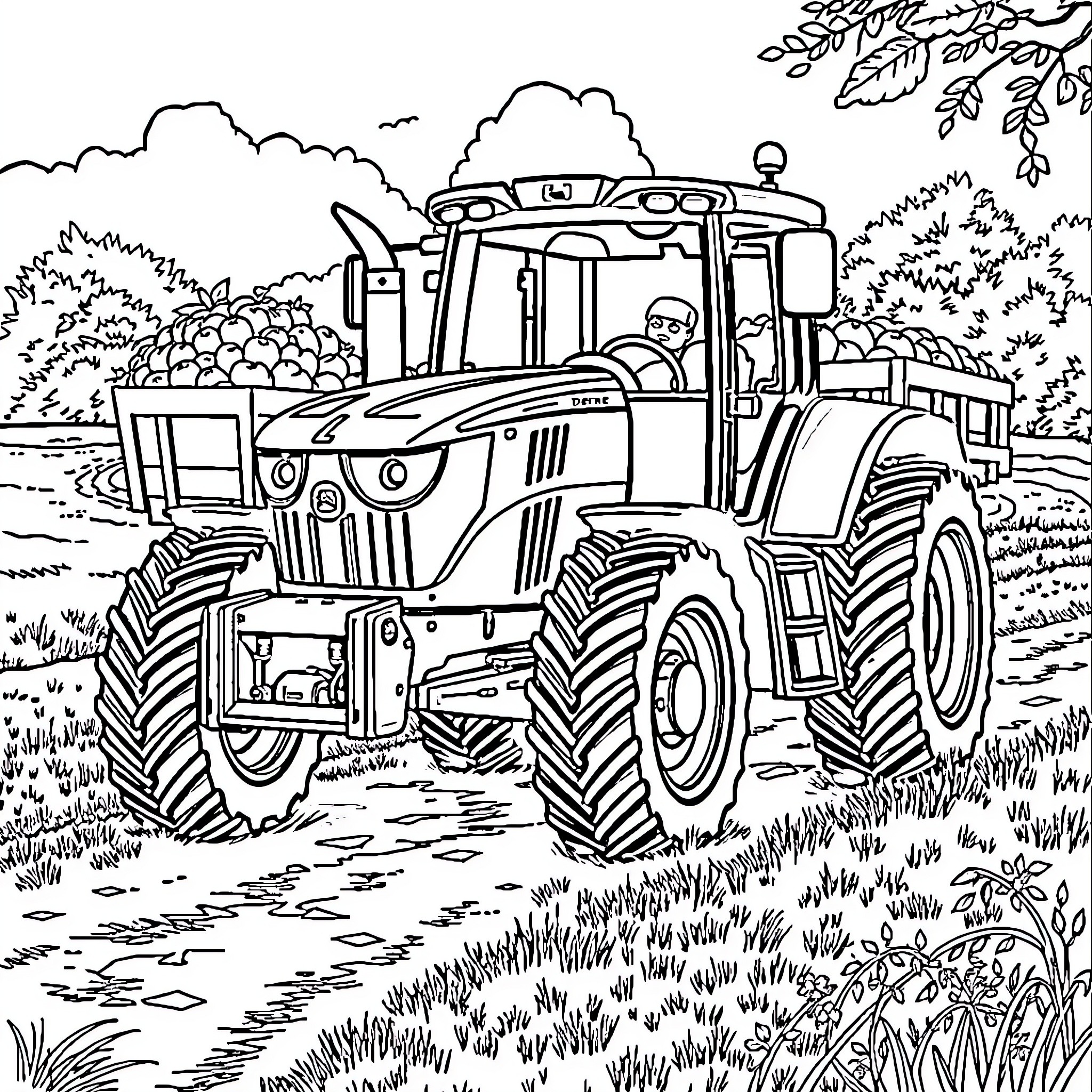 Tractor moving through a countryside landscape Coloring Page (free black-and-white line drawing printable PDF for all, from beginners to advanced learners, including children, teens, adults, and seniors)