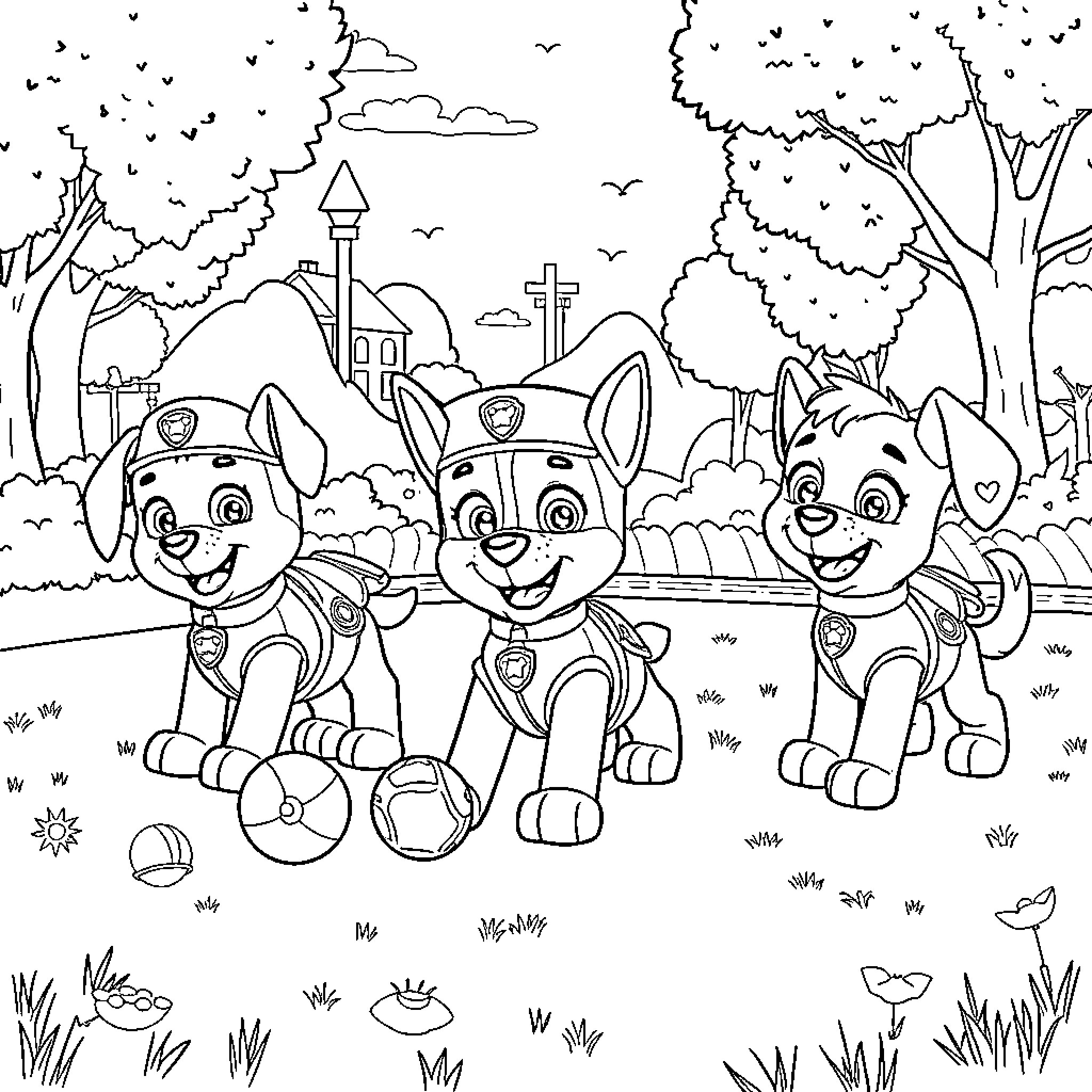 Paw Patrol characters playing in the park Coloring Page (free black-and-white line drawing printable PDF for all, from beginners to advanced learners, including children, teens, adults, and seniors)