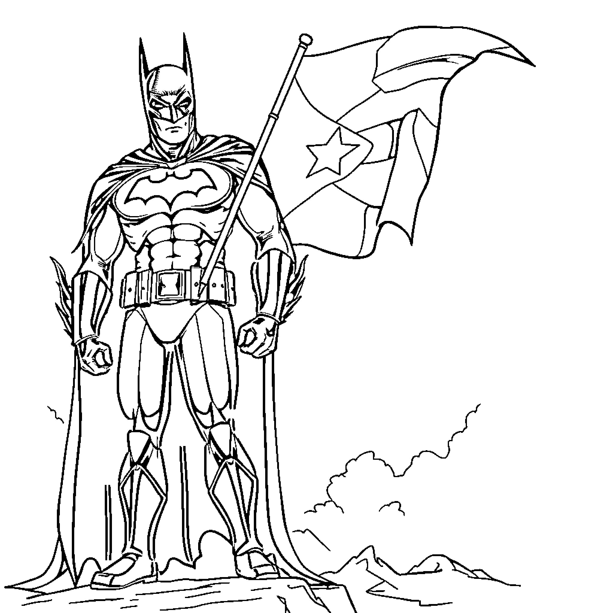 Batman standing heroically with flag Coloring Page (free black-and-white line drawing printable PDF for all, from beginners to advanced learners, including children, teens, adults, and seniors)