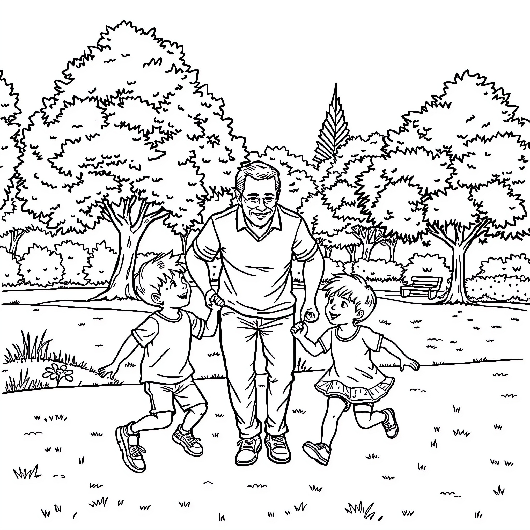 Father and Children Enjoying Time in the Park Coloring Page (free black-and-white line drawing printable PDF for all, from beginners to advanced learners, including children, teens, adults, and seniors)